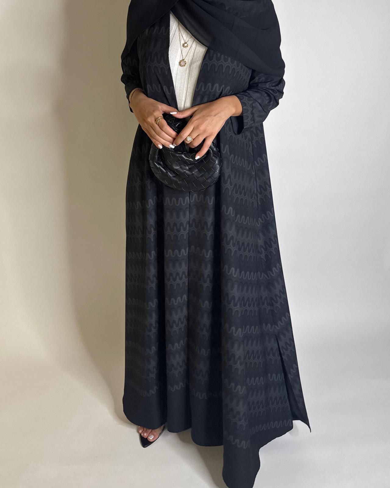 A565 - Black Swirl Pattern A-Cut Abaya & Matching Head Scarf