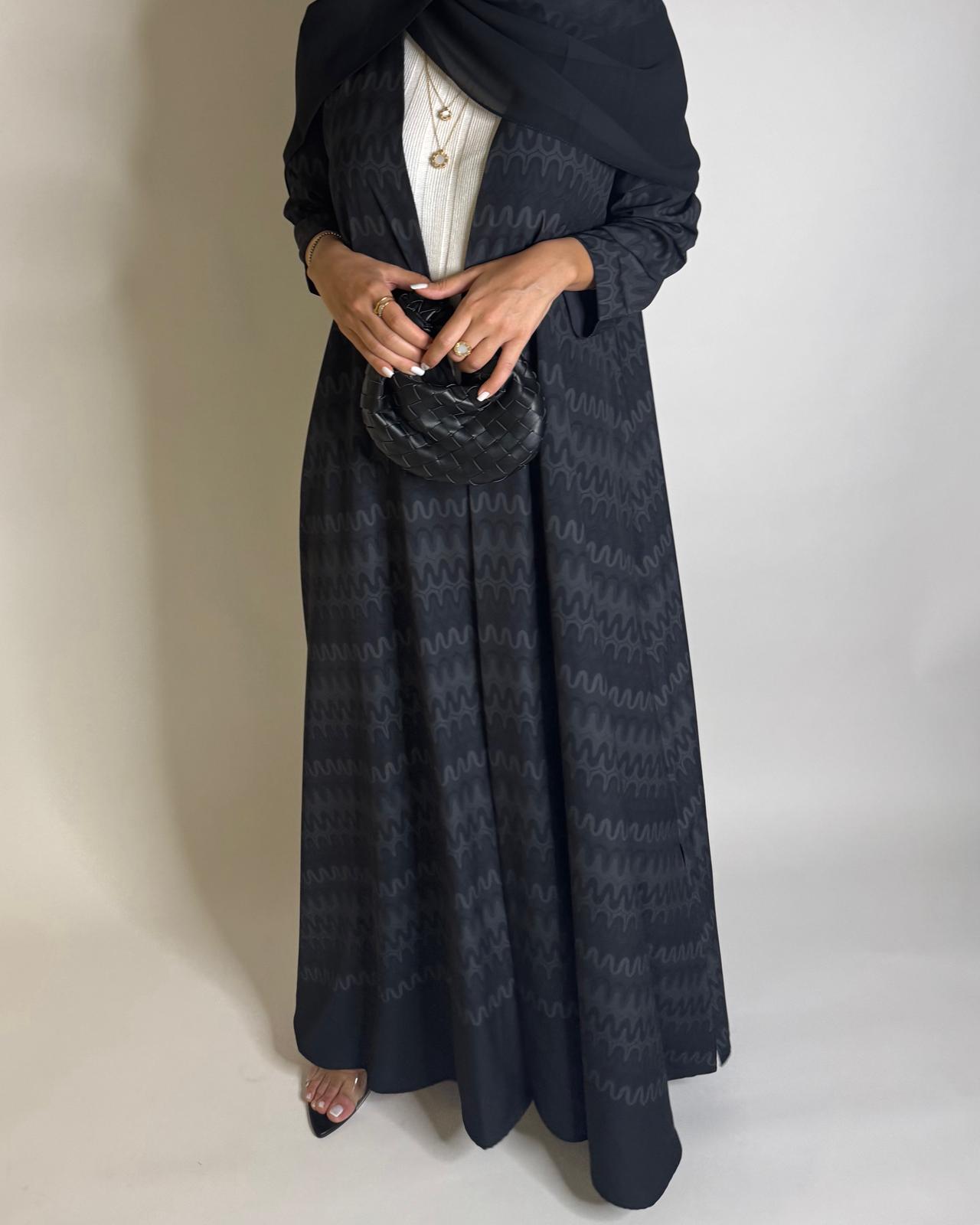 A565 - Black Swirl Pattern A-Cut Abaya & Matching Head Scarf