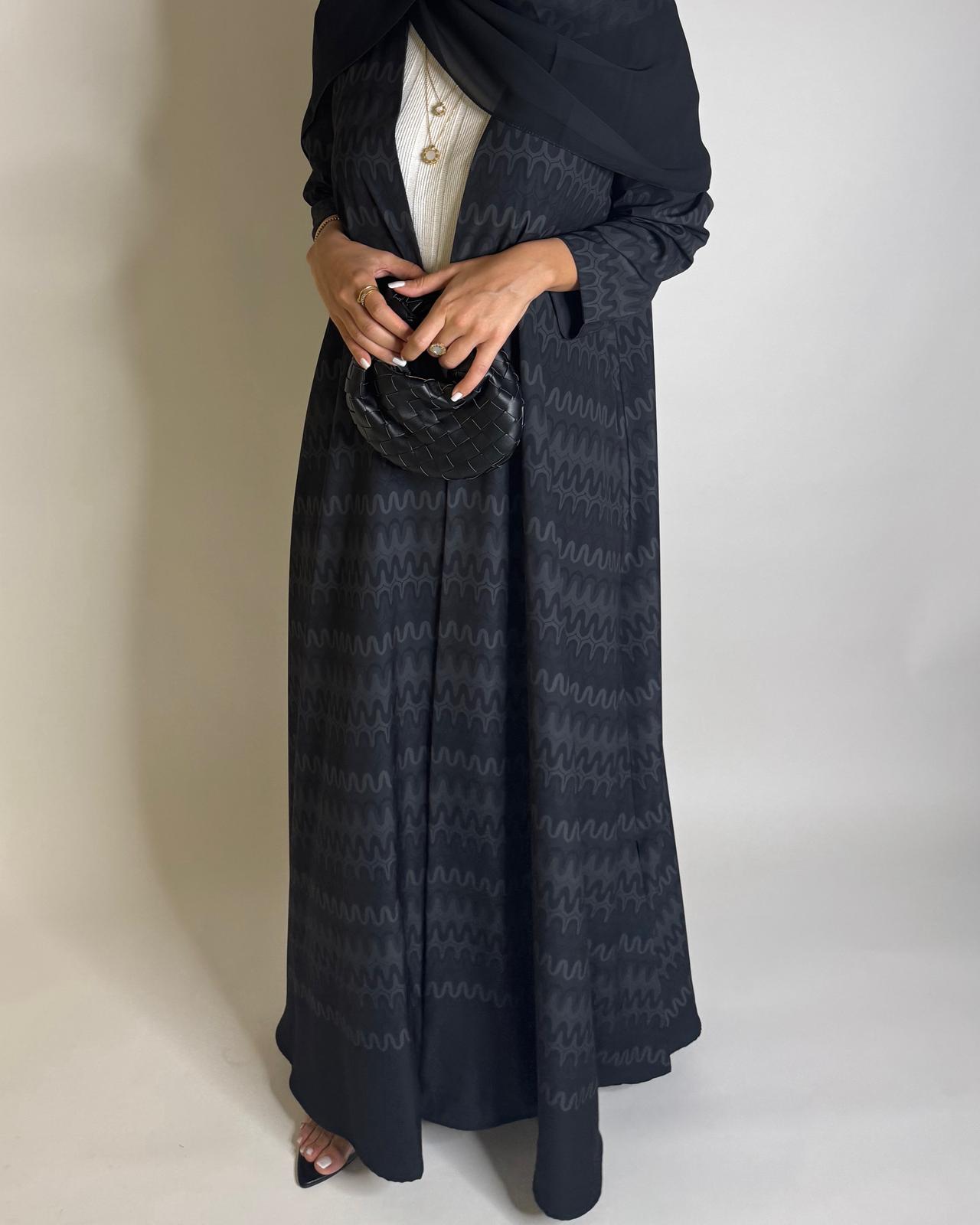 A565 - Black Swirl Pattern A-Cut Abaya & Matching Head Scarf