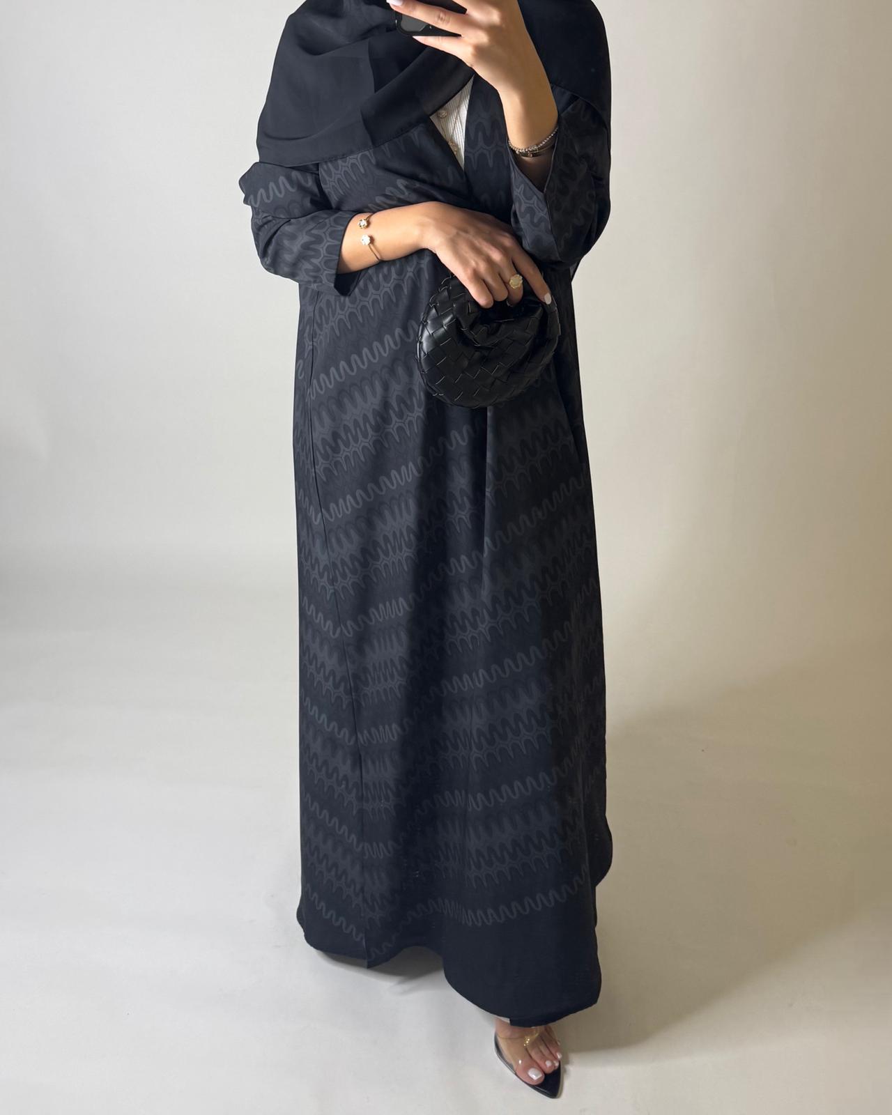 A565 - Black Swirl Pattern A-Cut Abaya & Matching Head Scarf