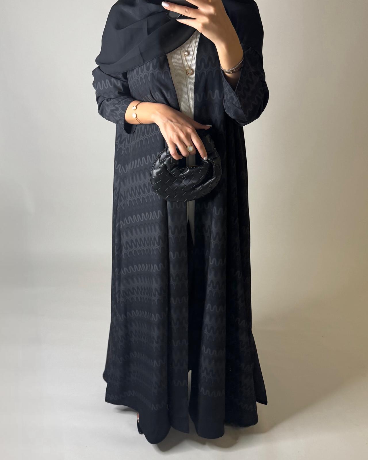 A565 - Black Swirl Pattern A-Cut Abaya & Matching Head Scarf