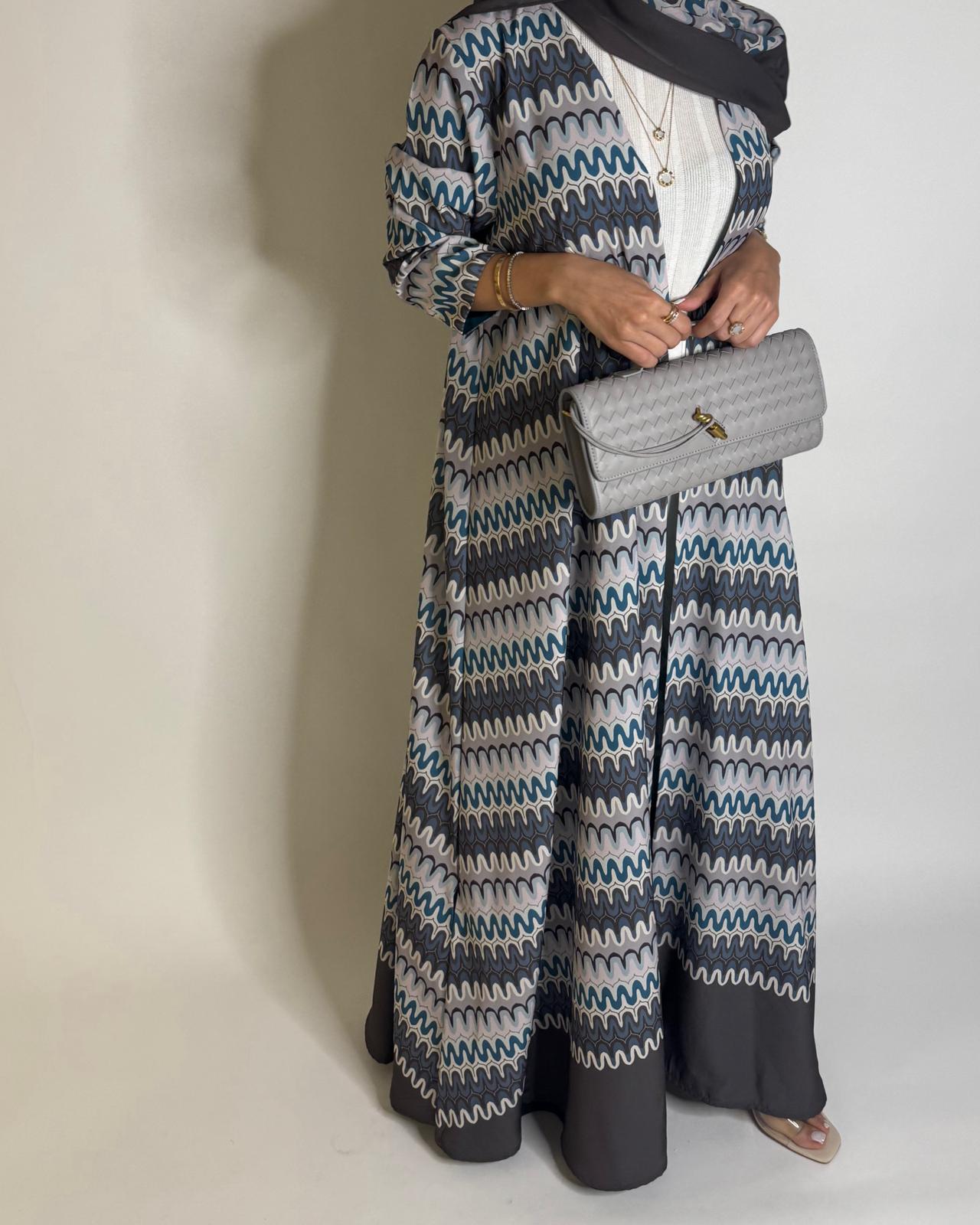 A561 - Gray & Blue Swirl Pattern A-Cut Abaya & Matching Head Scarf