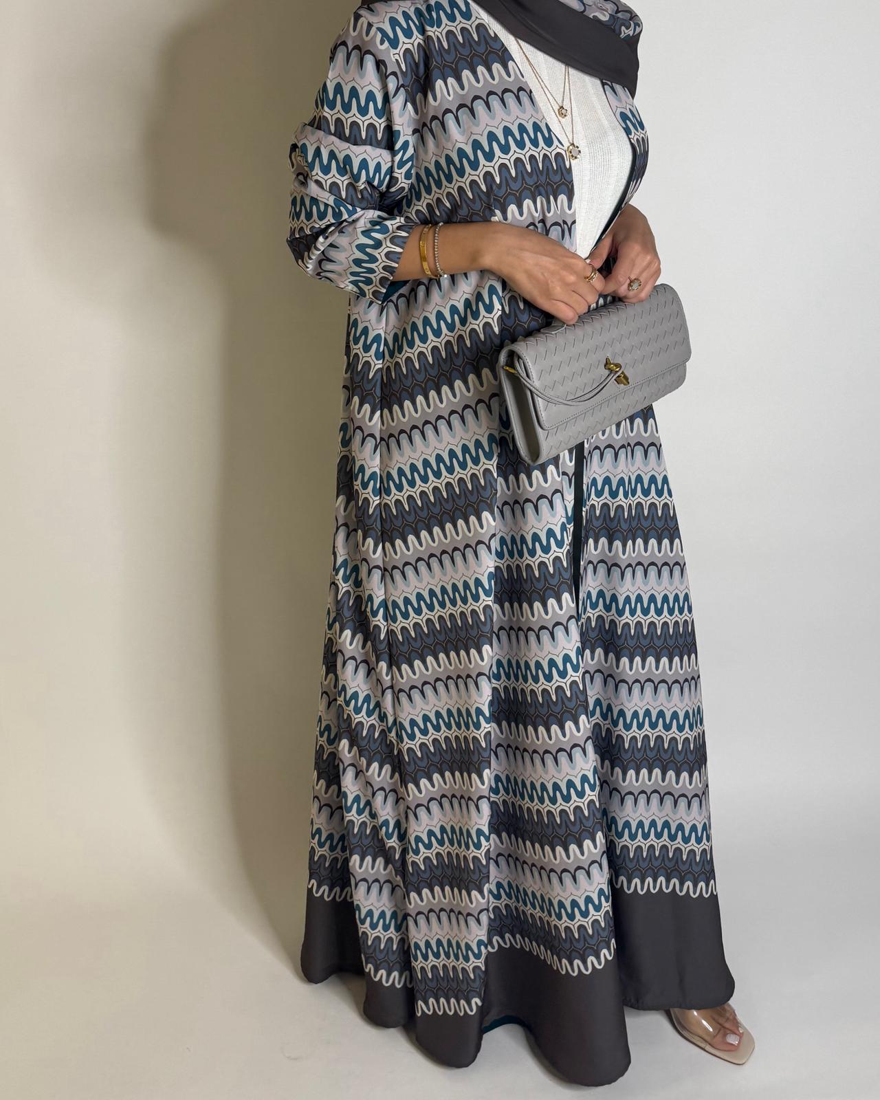 A561 - Gray & Blue Swirl Pattern A-Cut Abaya & Matching Head Scarf