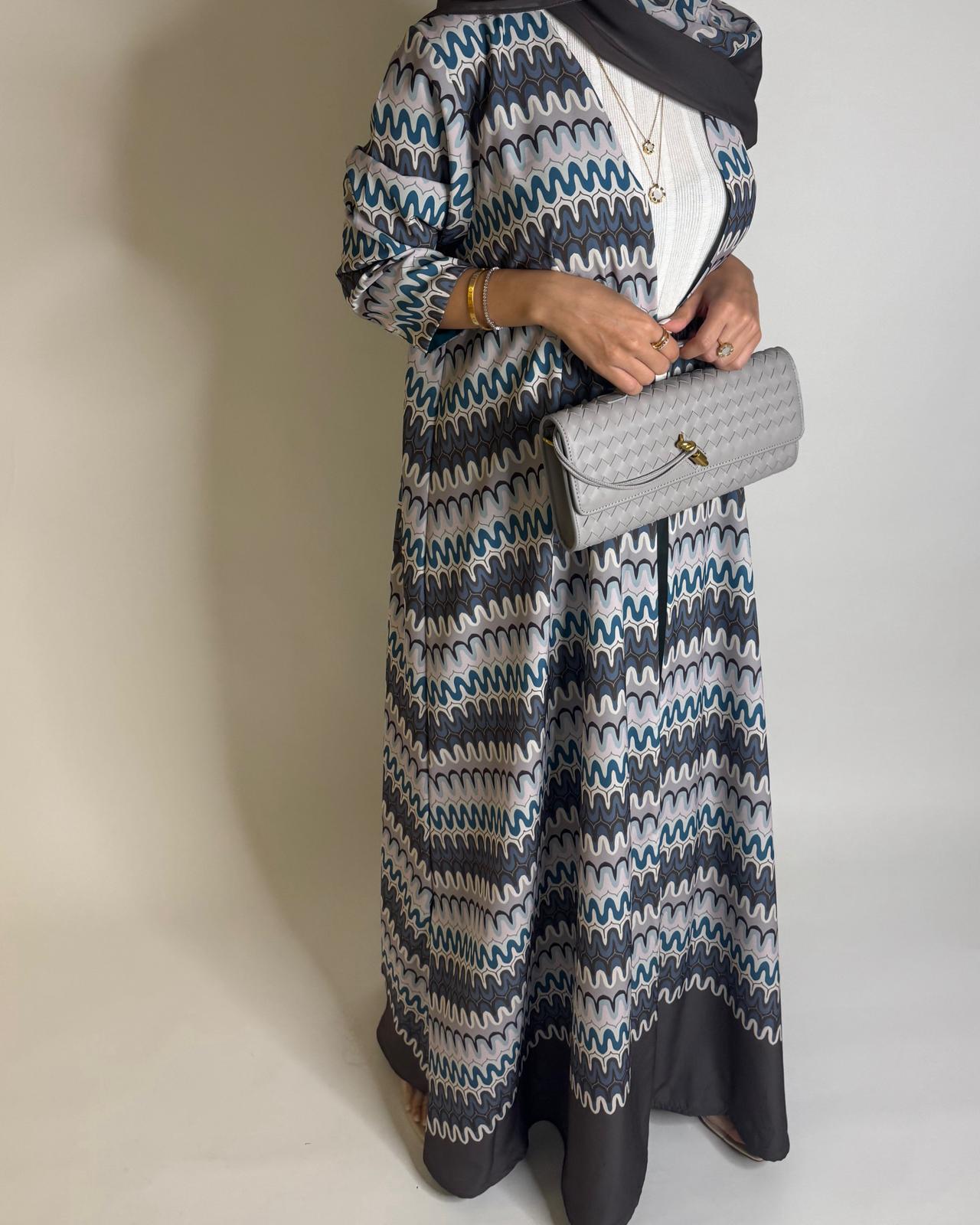 A561 - Gray & Blue Swirl Pattern A-Cut Abaya & Matching Head Scarf