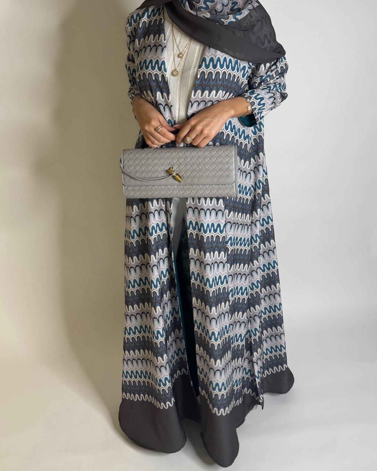 A561 - Gray & Blue Swirl Pattern A-Cut Abaya & Matching Head Scarf