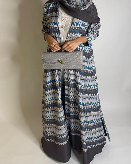 A561 - Gray & Blue Swirl Pattern A-Cut Abaya & Matching Head Scarf