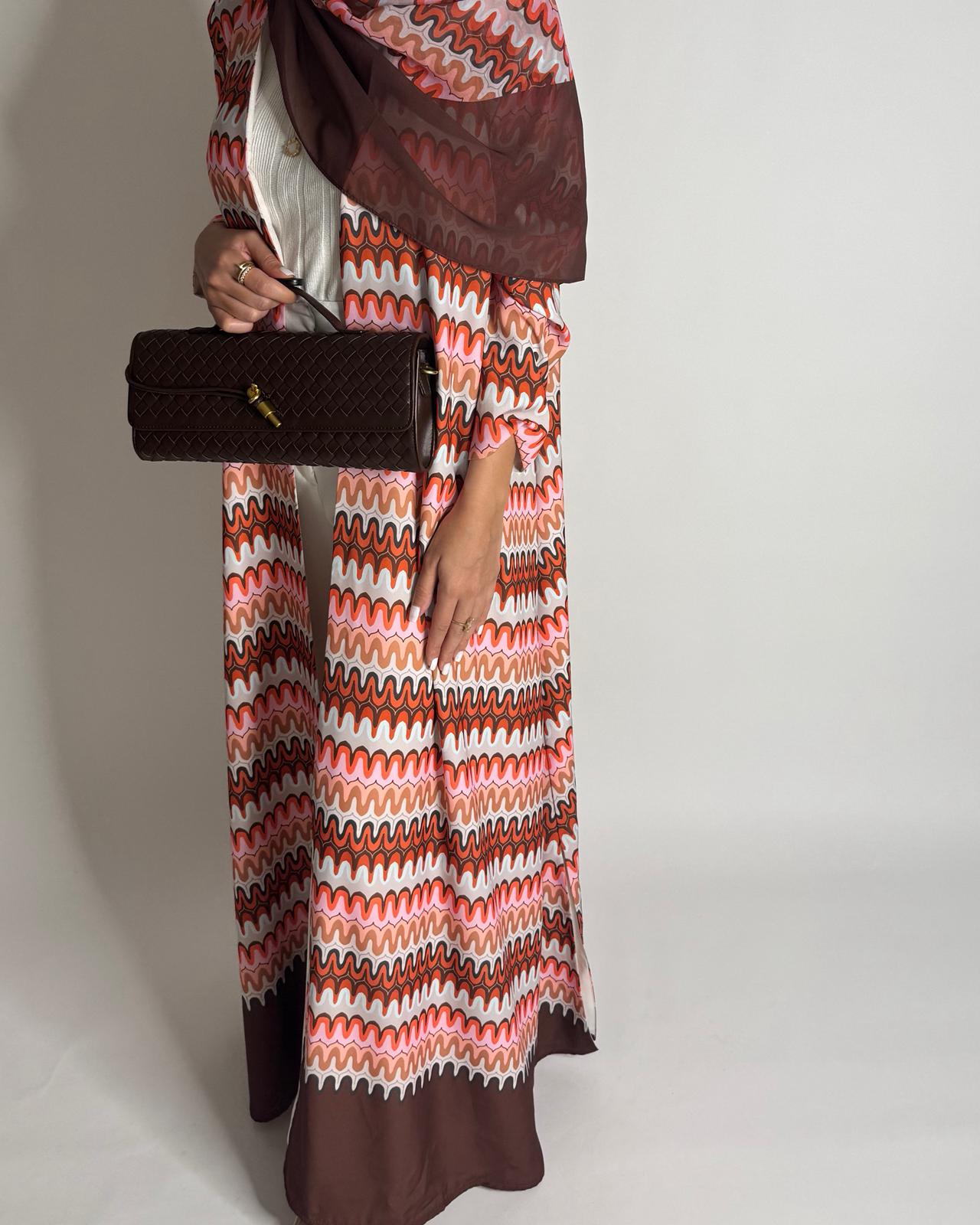 A560 - Pink & Brown Swirl Pattern A-Cut Abaya & Matching Head Scarf