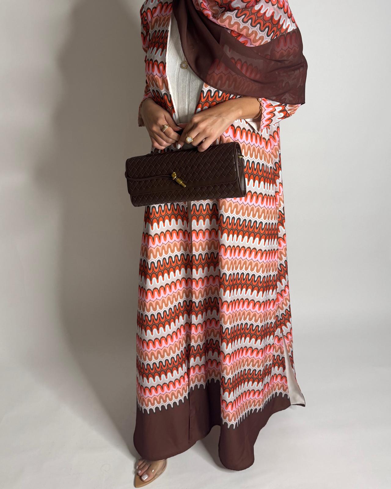 A560 - Pink & Brown Swirl Pattern A-Cut Abaya & Matching Head Scarf