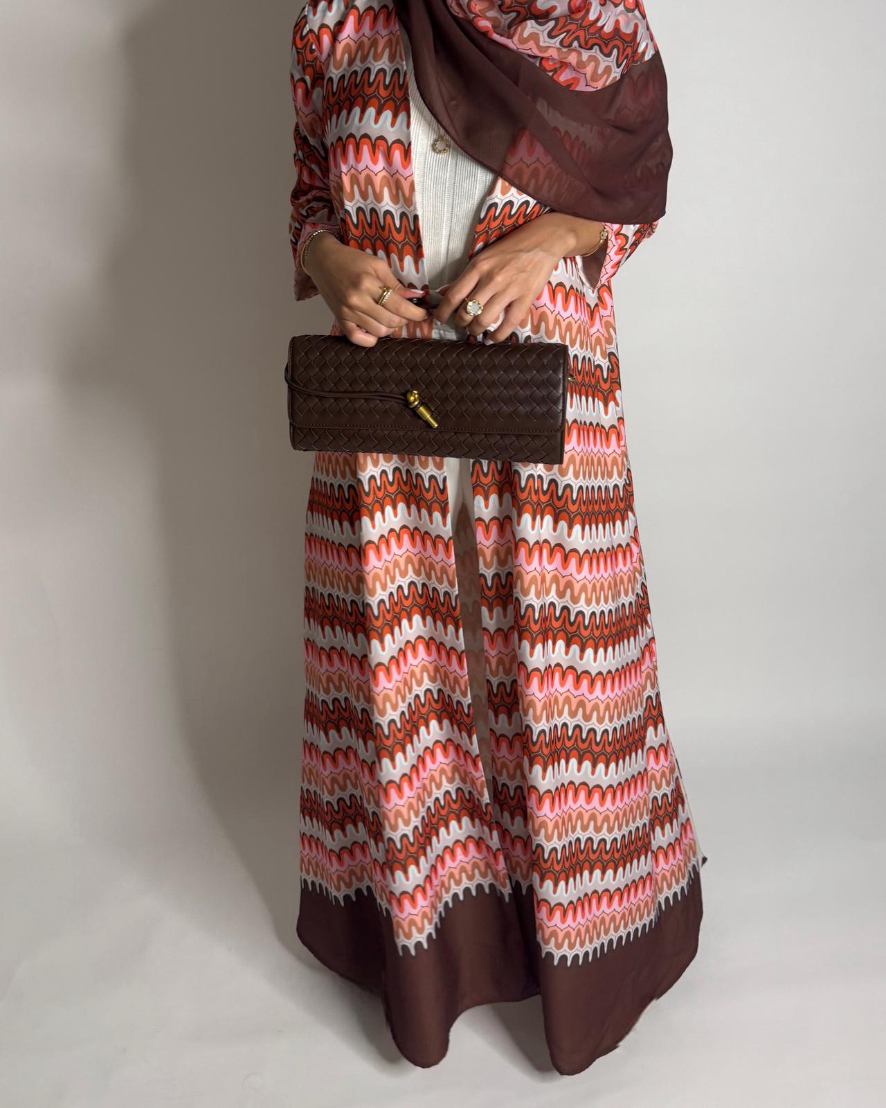 A560 - Pink & Brown Swirl Pattern A-Cut Abaya & Matching Head Scarf