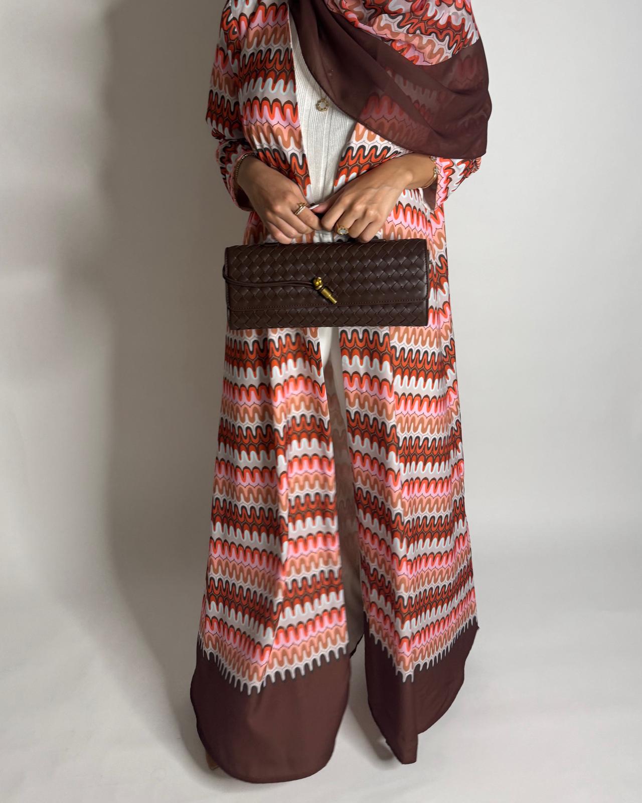 A560 - Pink & Brown Swirl Pattern A-Cut Abaya & Matching Head Scarf