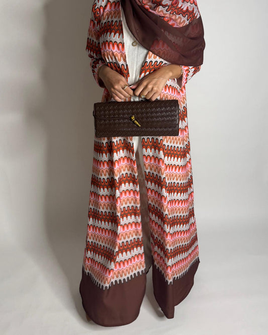 A560 - Pink & Brown Swirl Pattern A-Cut Abaya & Matching Head Scarf