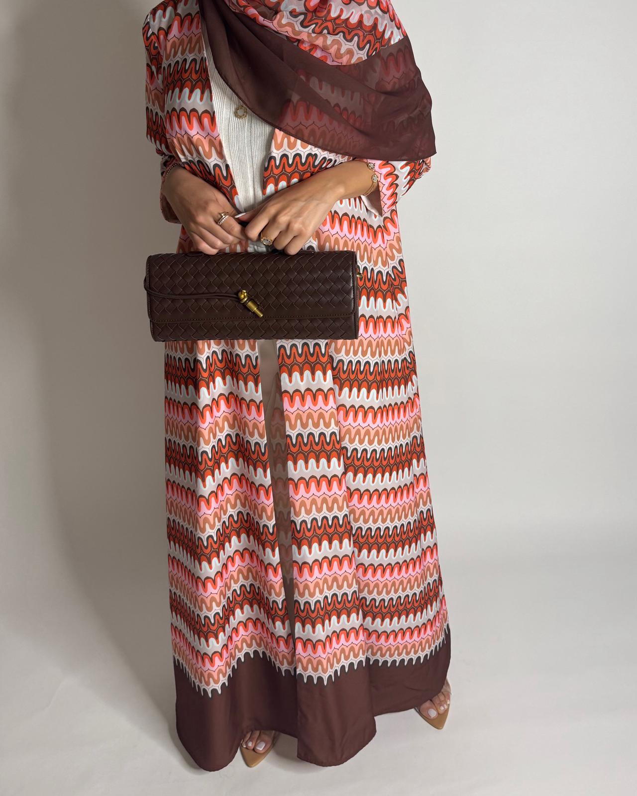 A560 - Pink & Brown Swirl Pattern A-Cut Abaya & Matching Head Scarf