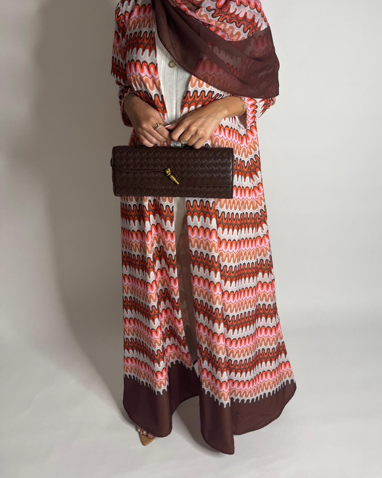 A560 - Pink & Brown Swirl Pattern A-Cut Abaya & Matching Head Scarf