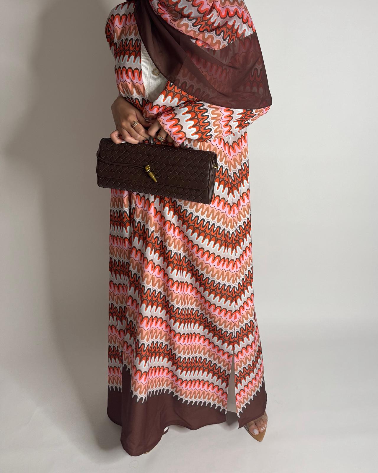 A560 - Pink & Brown Swirl Pattern A-Cut Abaya & Matching Head Scarf