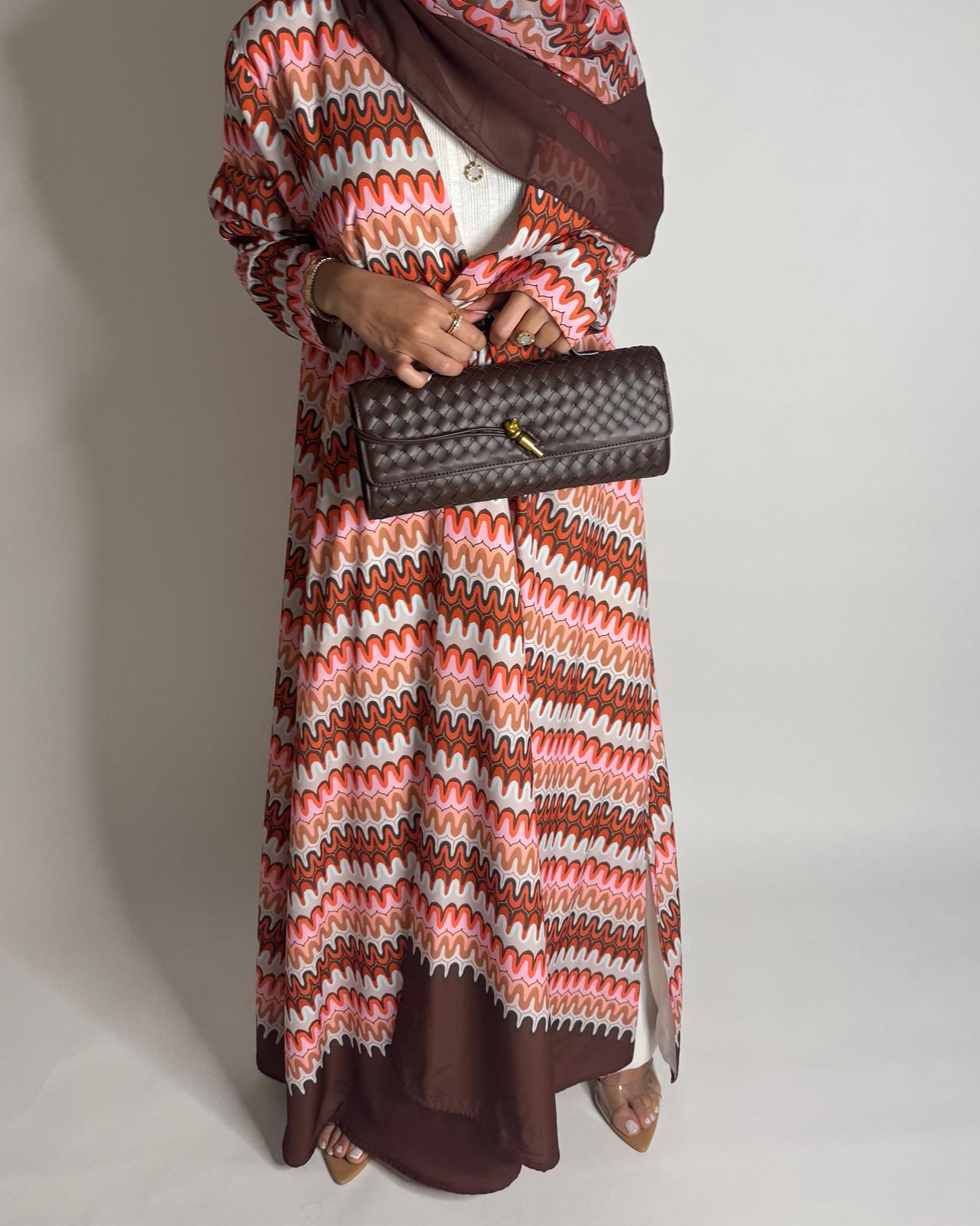 A560 - Pink & Brown Swirl Pattern A-Cut Abaya & Matching Head Scarf
