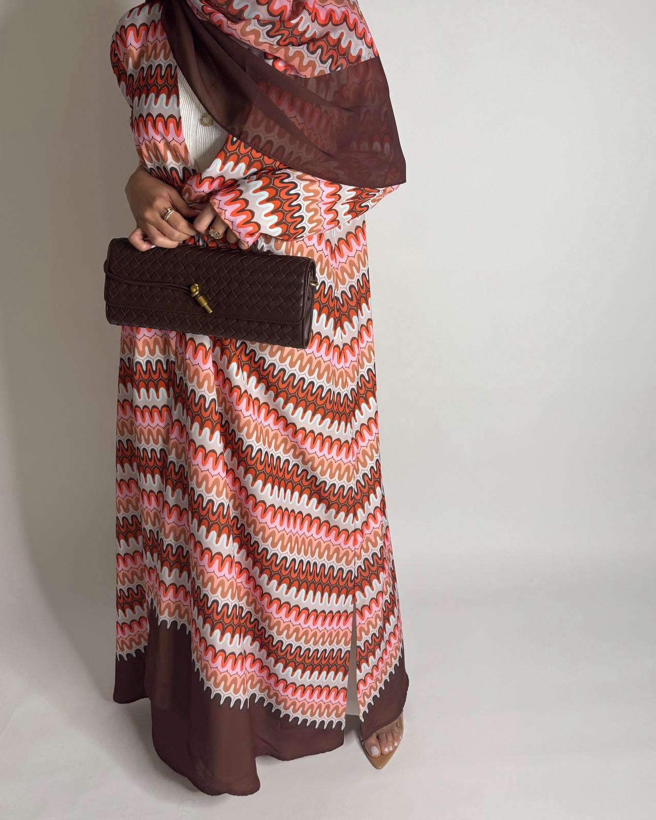 A560 - Pink & Brown Swirl Pattern A-Cut Abaya & Matching Head Scarf