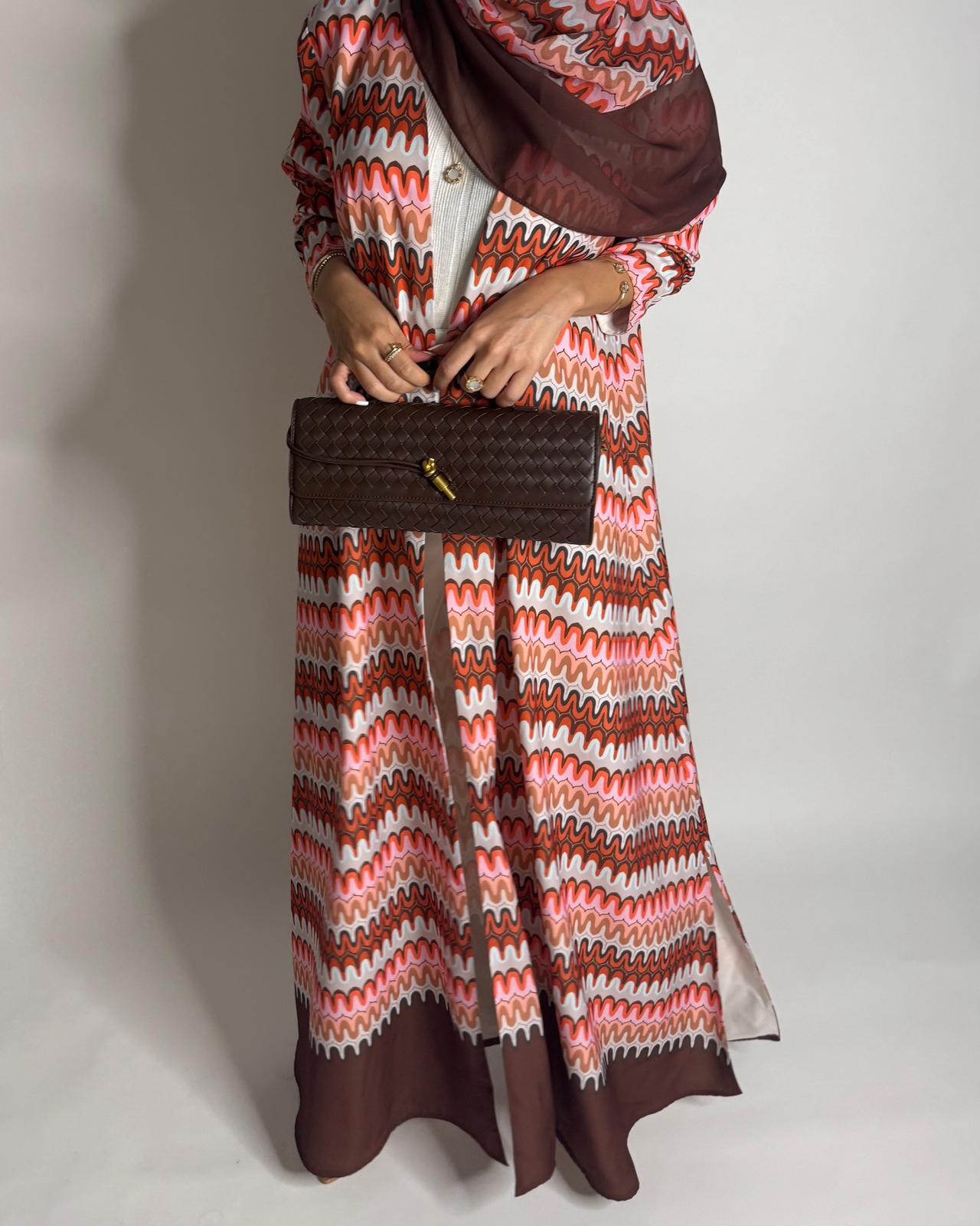 A560 - Pink & Brown Swirl Pattern A-Cut Abaya & Matching Head Scarf