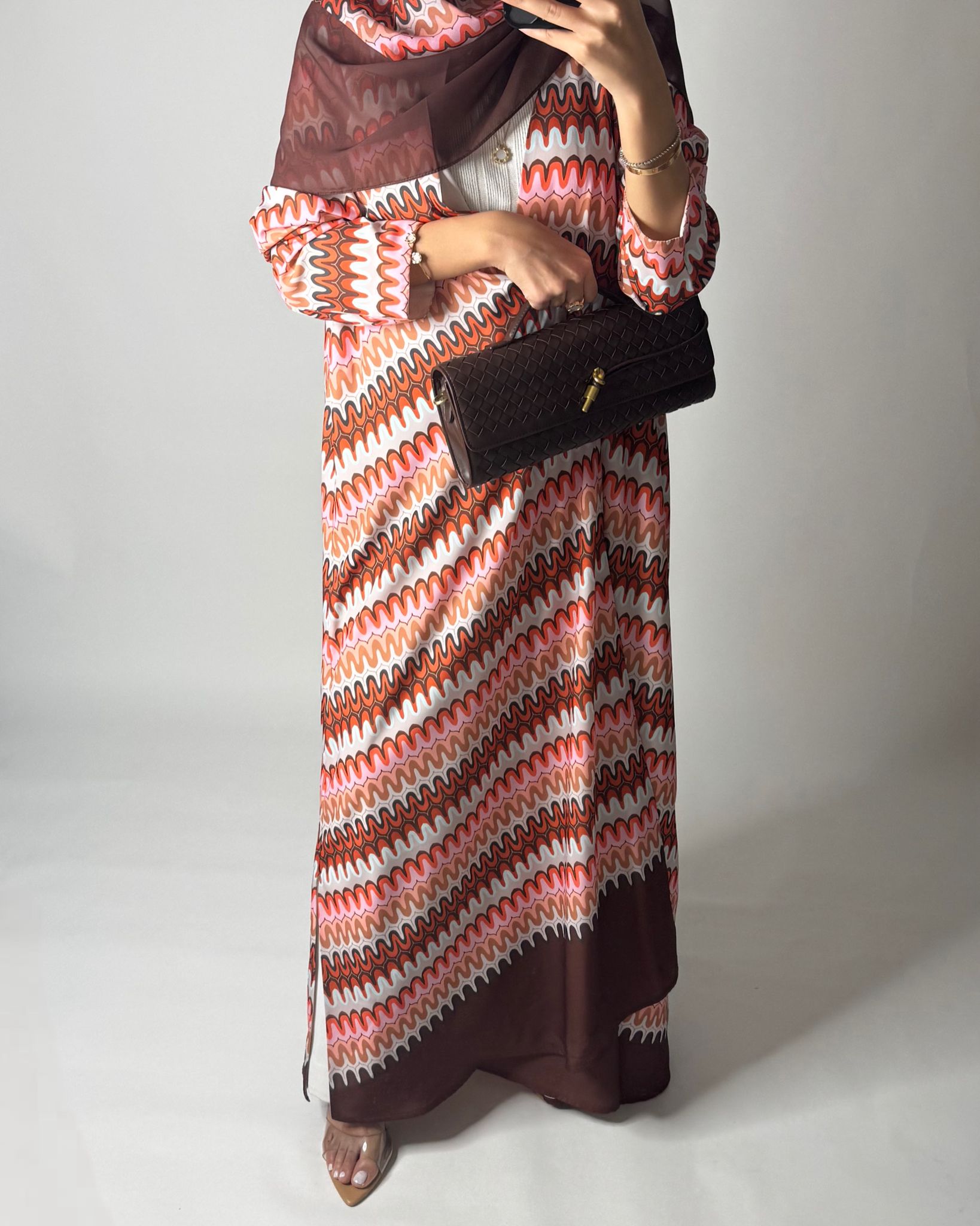 A560 - Pink & Brown Swirl Pattern A-Cut Abaya & Matching Head Scarf