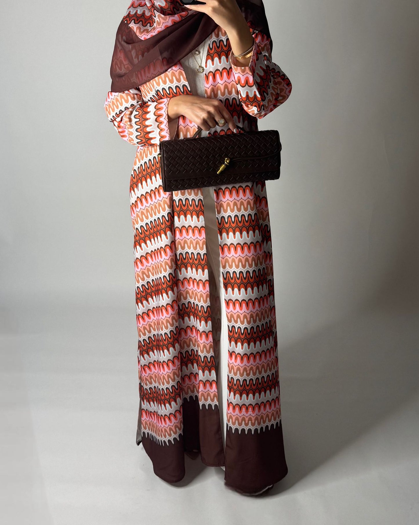 A560 - Pink & Brown Swirl Pattern A-Cut Abaya & Matching Head Scarf