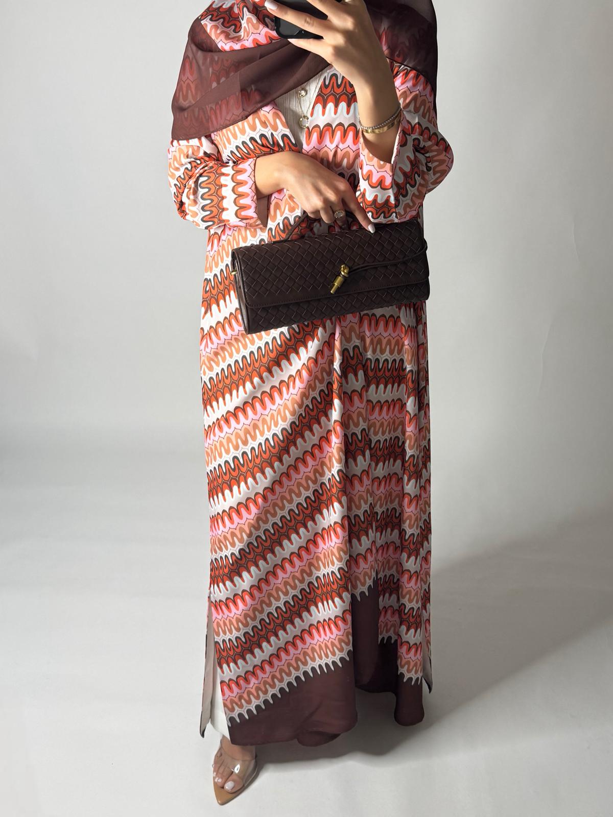 A560 - Pink & Brown Swirl Pattern A-Cut Abaya & Matching Head Scarf