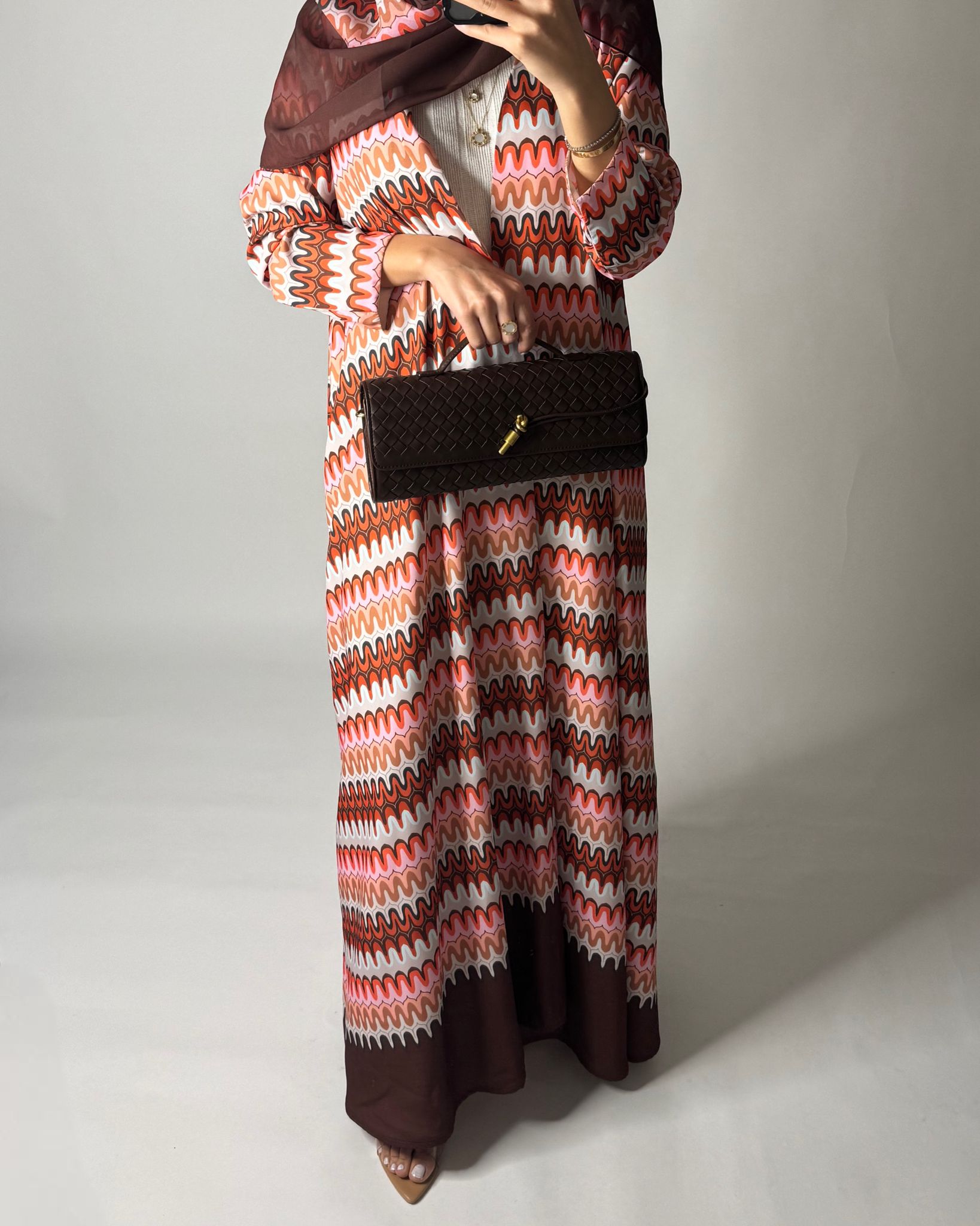 A560 - Pink & Brown Swirl Pattern A-Cut Abaya & Matching Head Scarf