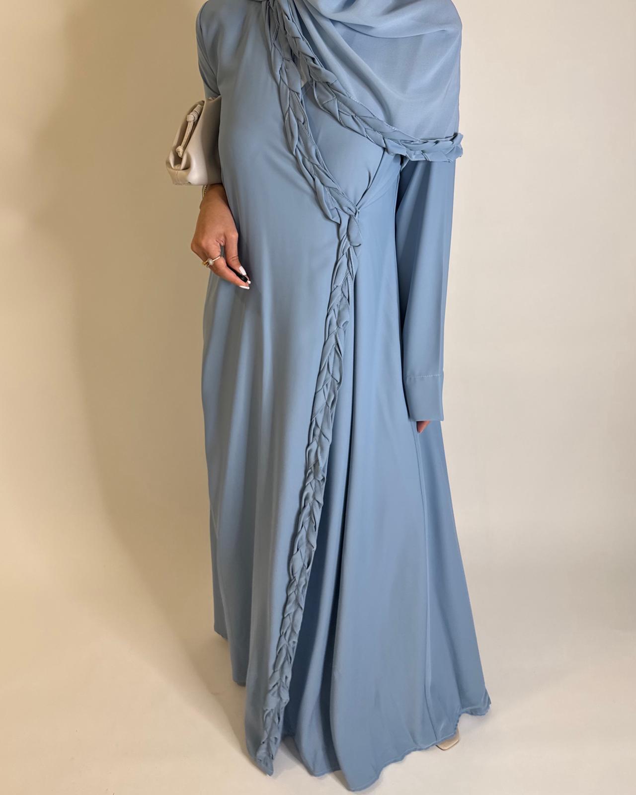 A568 - Baby Blue Braided A-Cut Crepe Abaya with Matching Head Scarf