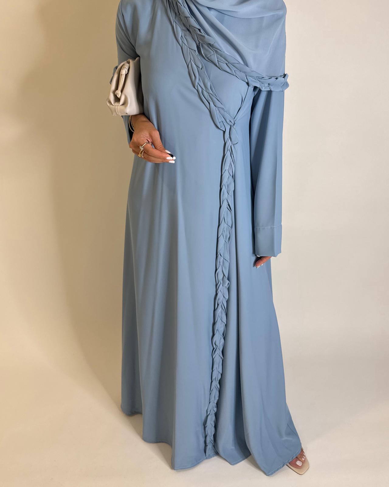 A568 - Baby Blue Braided A-Cut Crepe Abaya with Matching Head Scarf