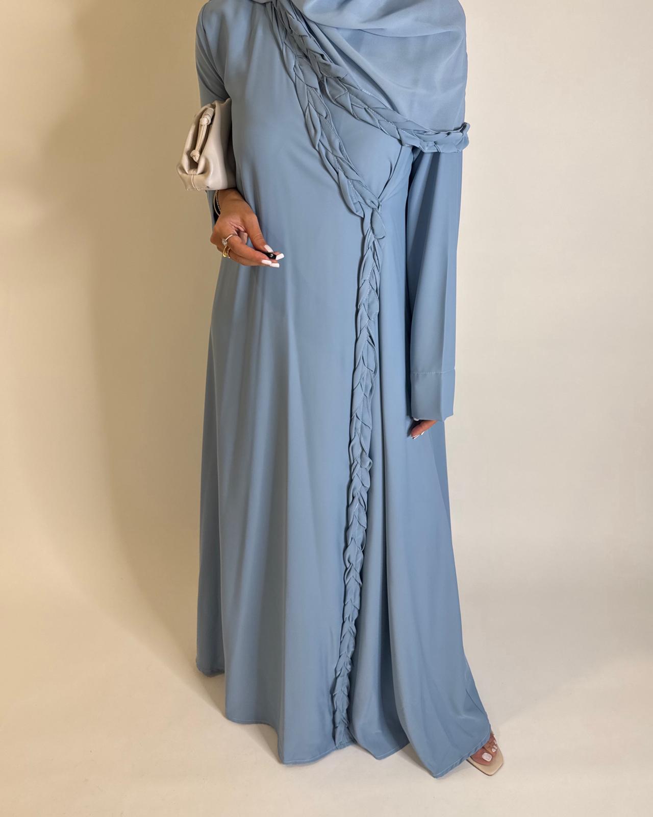A568 - Baby Blue Braided A-Cut Crepe Abaya with Matching Head Scarf