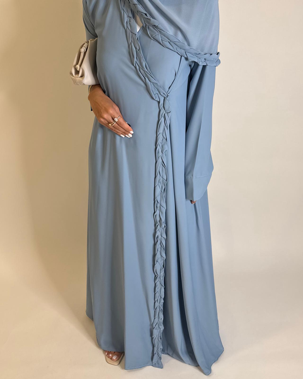 A568 - Baby Blue Braided A-Cut Crepe Abaya with Matching Head Scarf