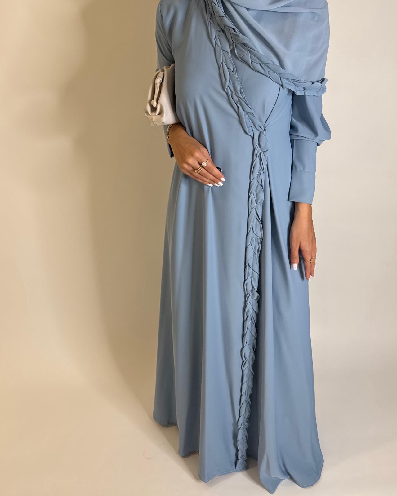A568 - Baby Blue Braided A-Cut Crepe Abaya with Matching Head Scarf