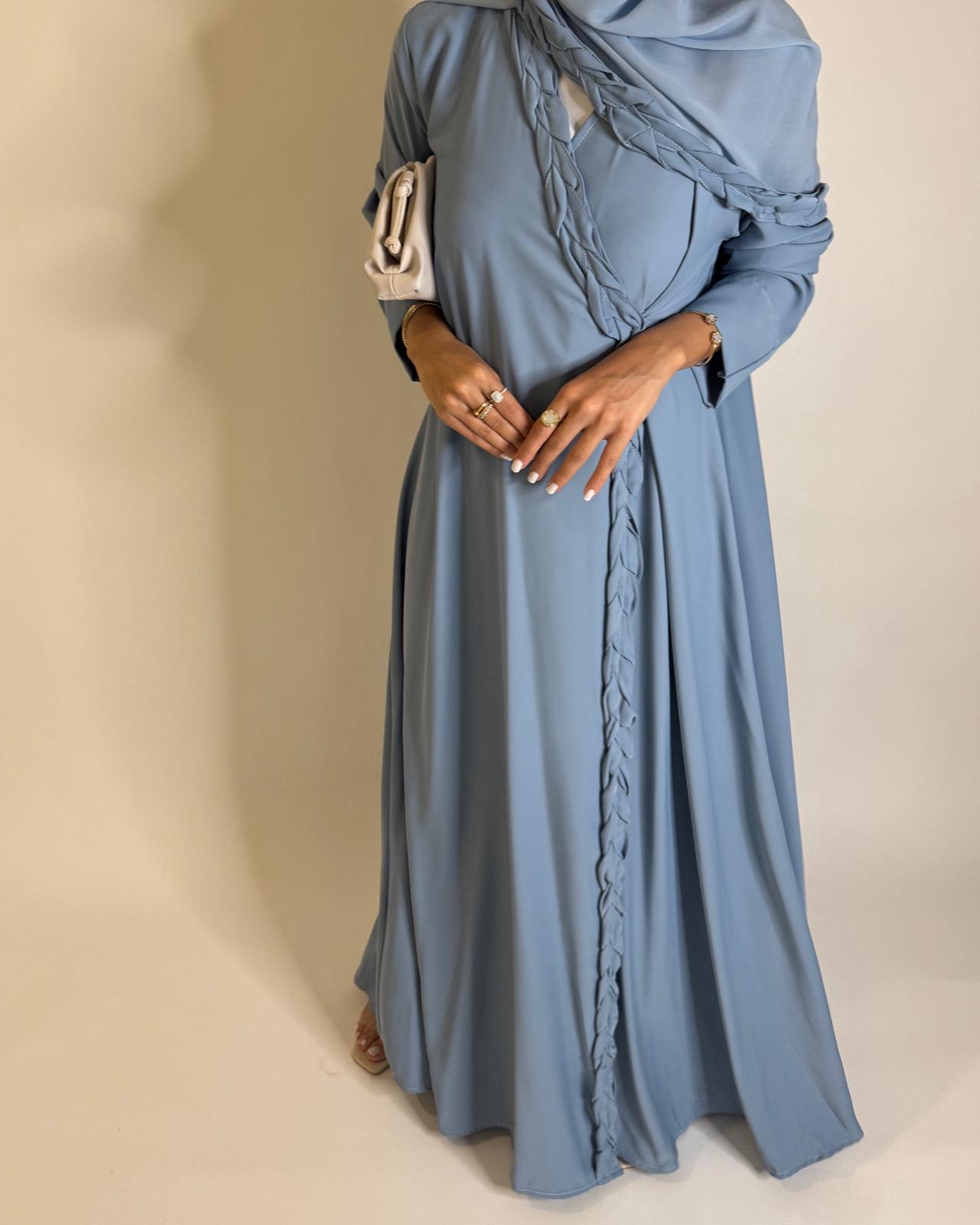 A568 - Baby Blue Braided A-Cut Crepe Abaya with Matching Head Scarf