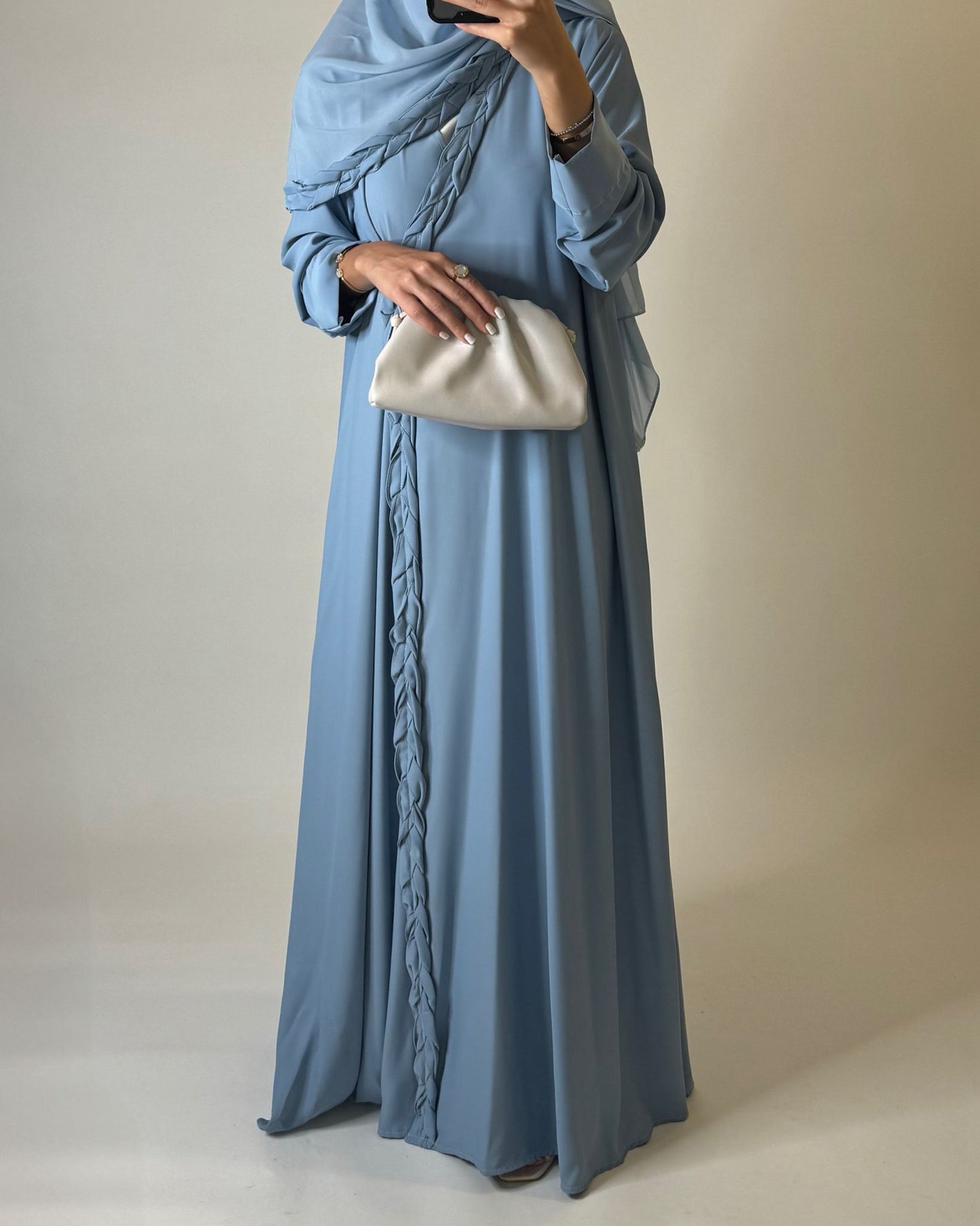 A568 - Baby Blue Braided A-Cut Crepe Abaya with Matching Head Scarf