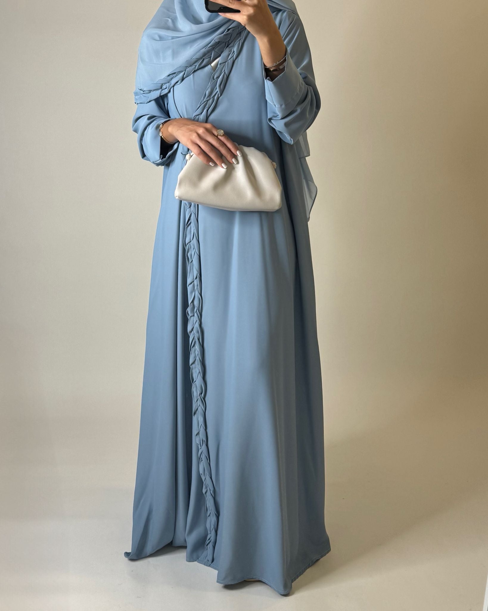 A568 - Baby Blue Braided A-Cut Crepe Abaya with Matching Head Scarf