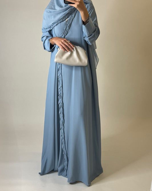 A568 - Baby Blue Braided A-Cut Crepe Abaya with Matching Head Scarf