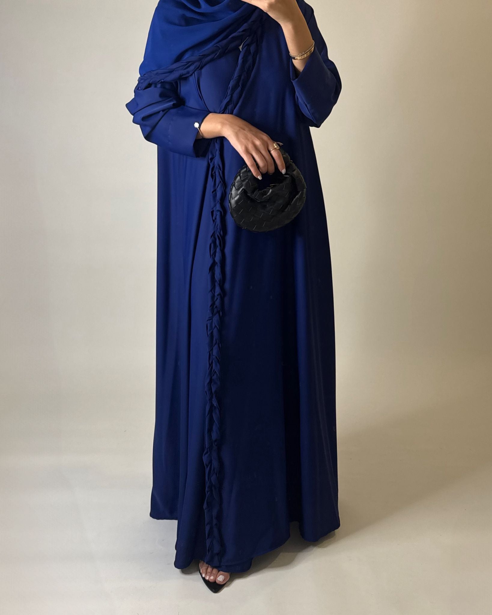 A567 - Royal Blue Braided A-Cut Crepe Abaya with Matching Head Scarf