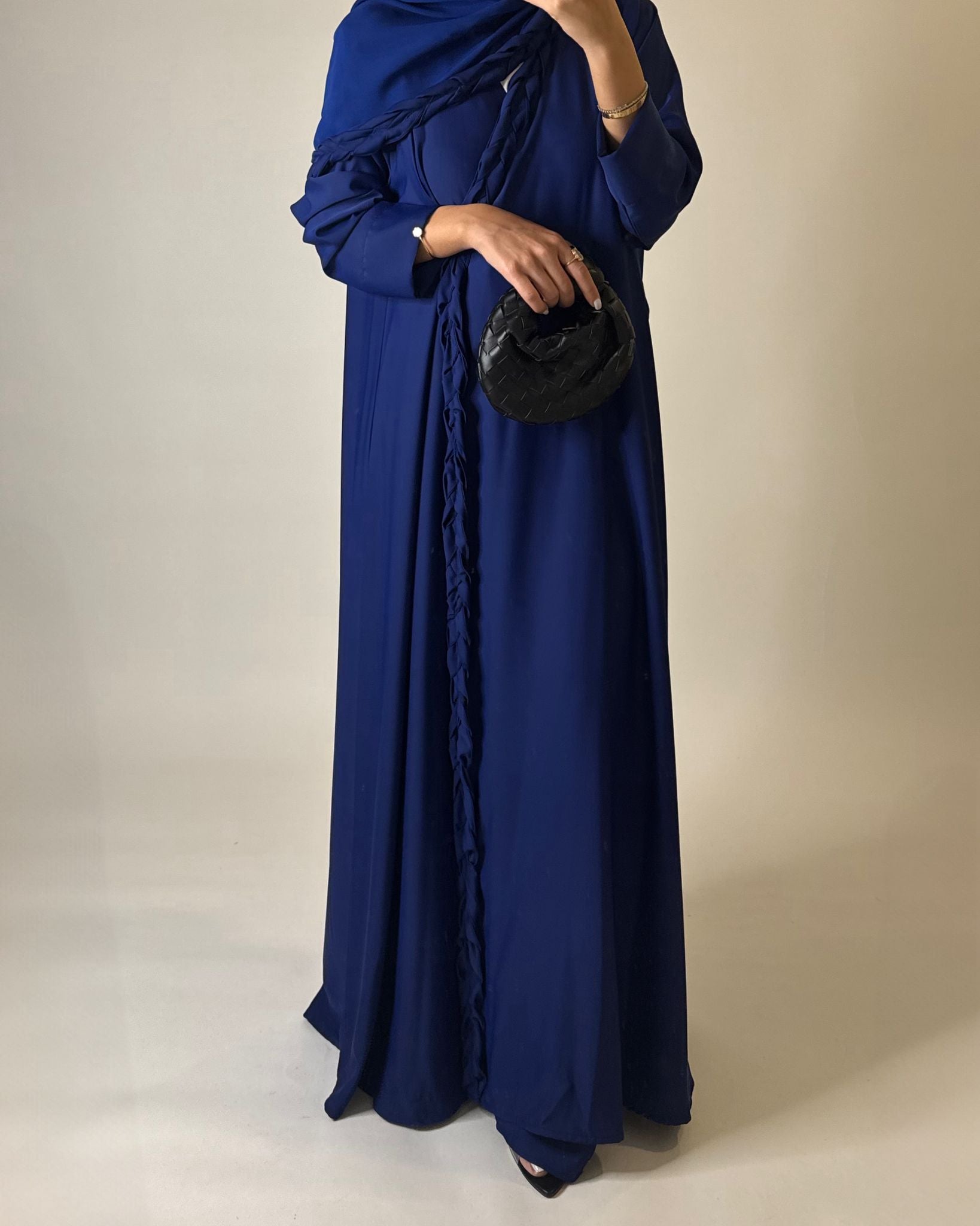 A567 - Royal Blue Braided A-Cut Crepe Abaya with Matching Head Scarf