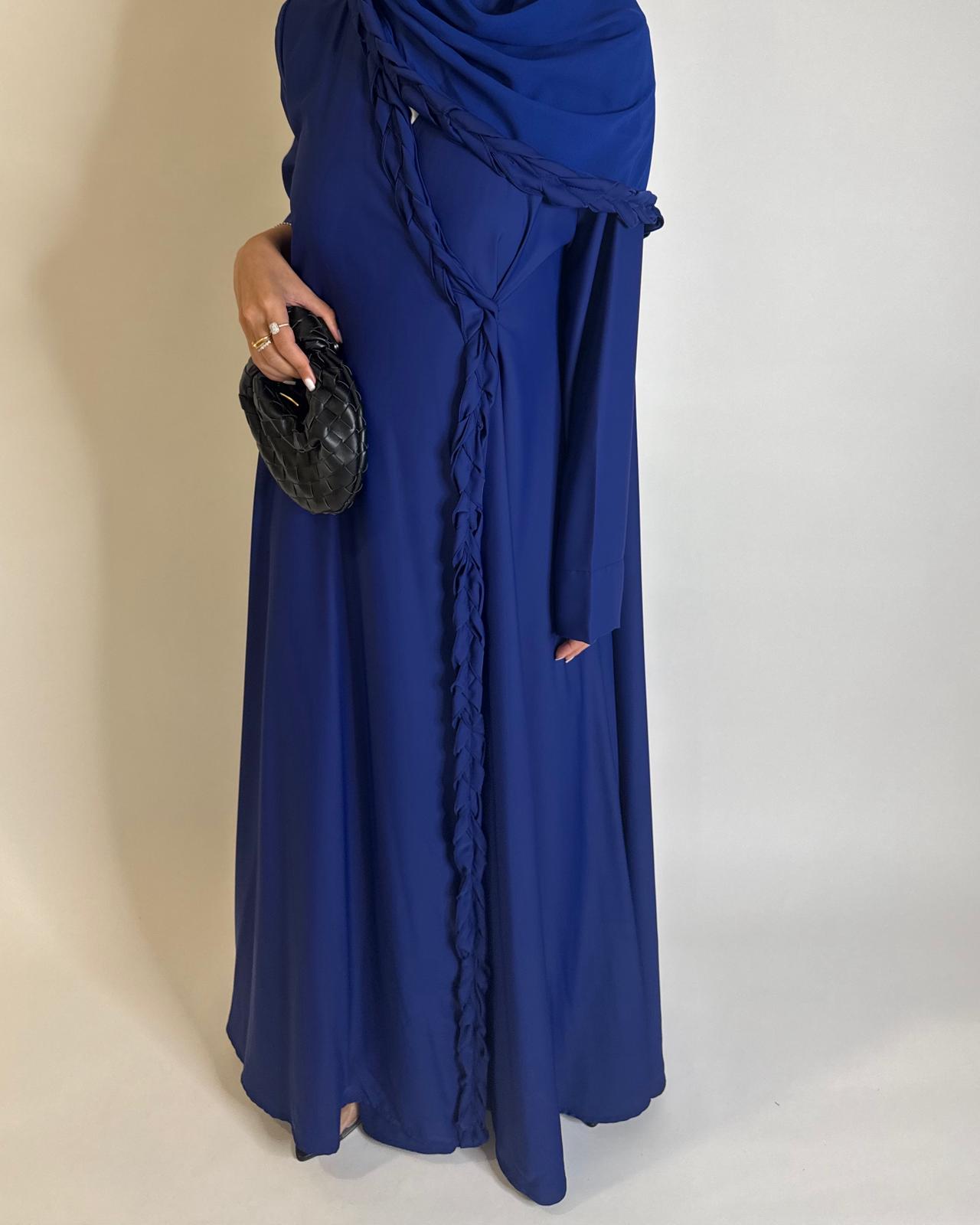A567 - Royal Blue Braided A-Cut Crepe Abaya with Matching Head Scarf
