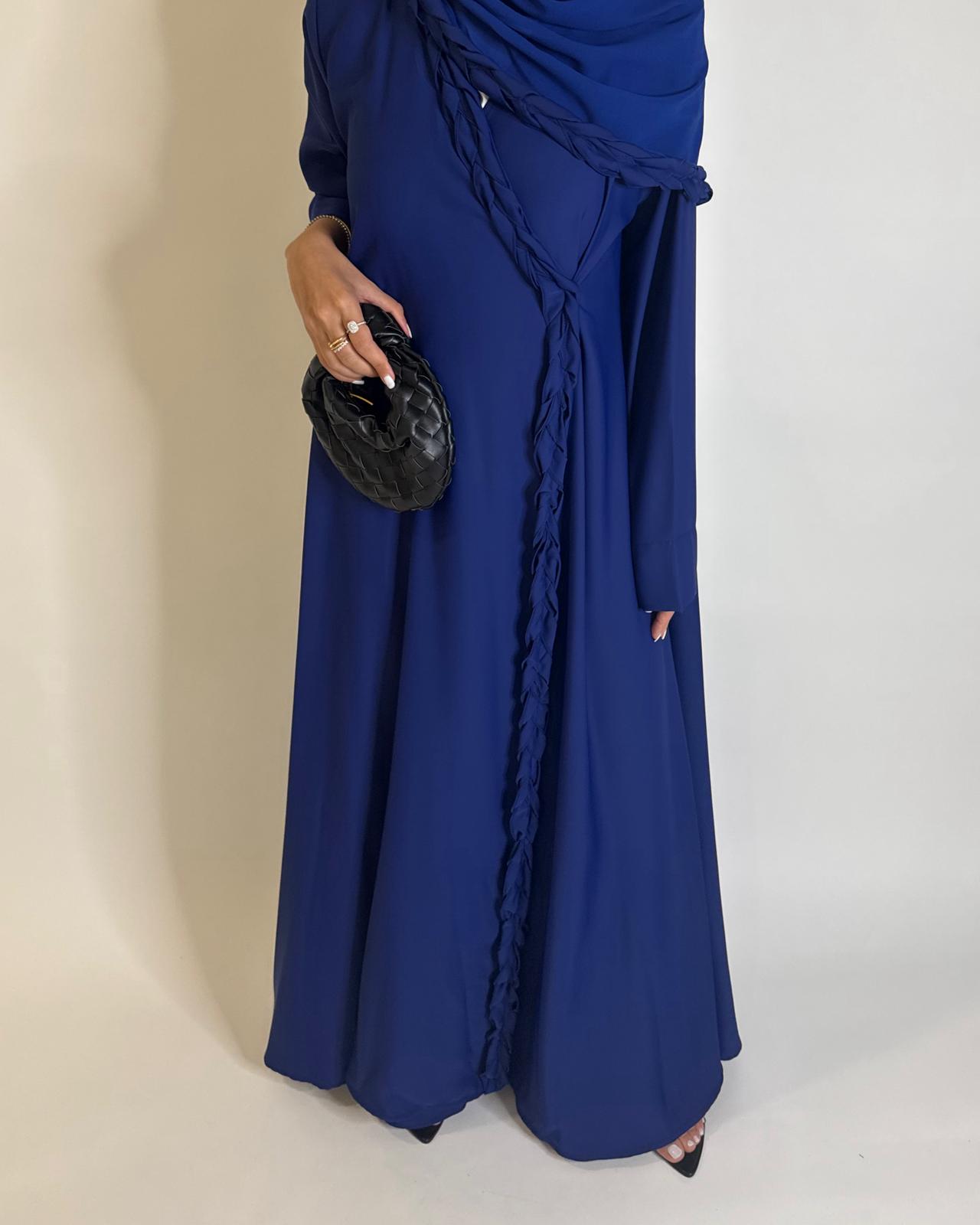 A567 - Royal Blue Braided A-Cut Crepe Abaya with Matching Head Scarf