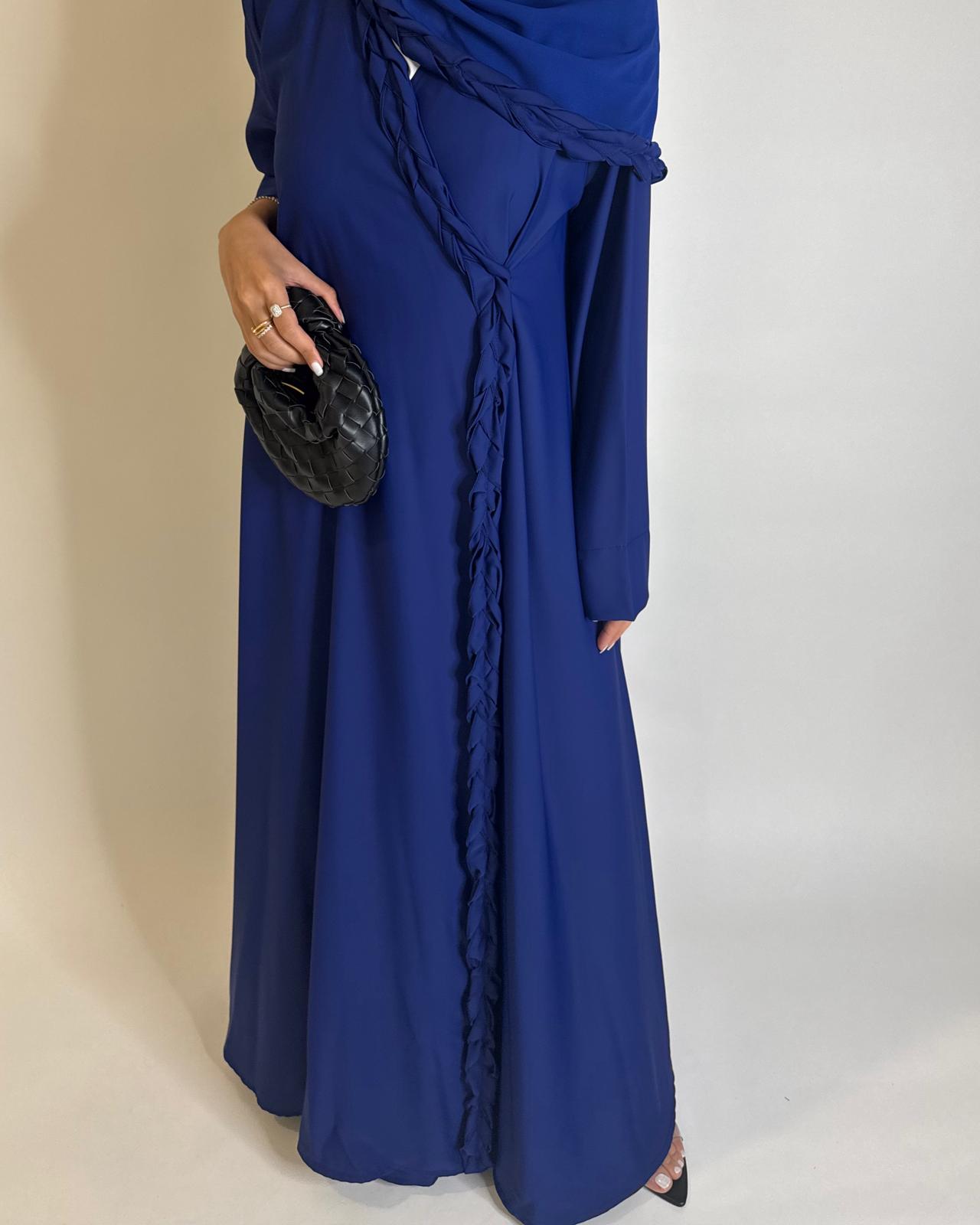 A567 - Royal Blue Braided A-Cut Crepe Abaya with Matching Head Scarf