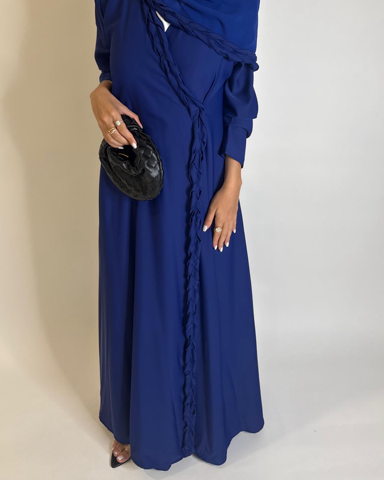 A567 - Royal Blue Braided A-Cut Crepe Abaya with Matching Head Scarf