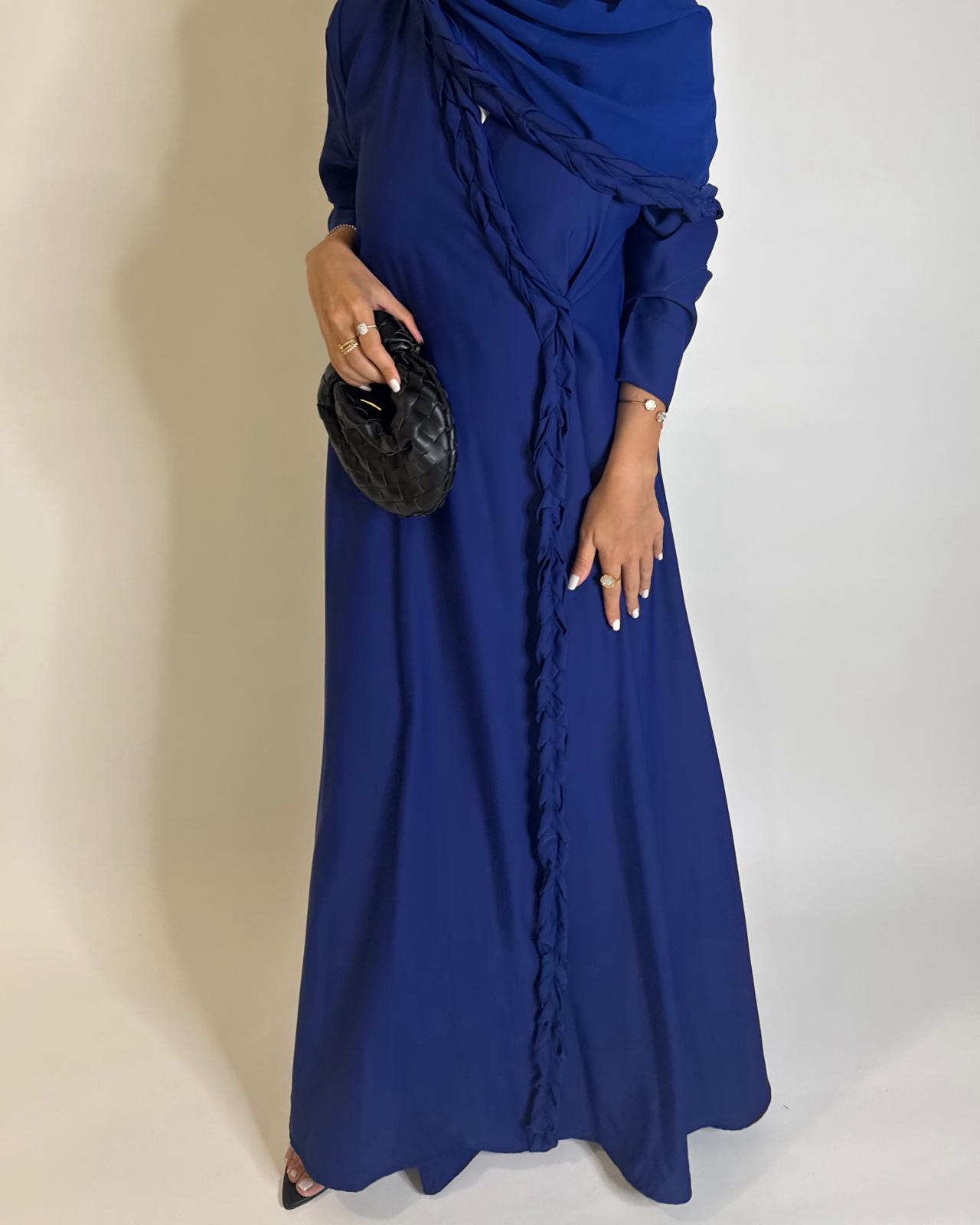 A567 - Royal Blue Braided A-Cut Crepe Abaya with Matching Head Scarf