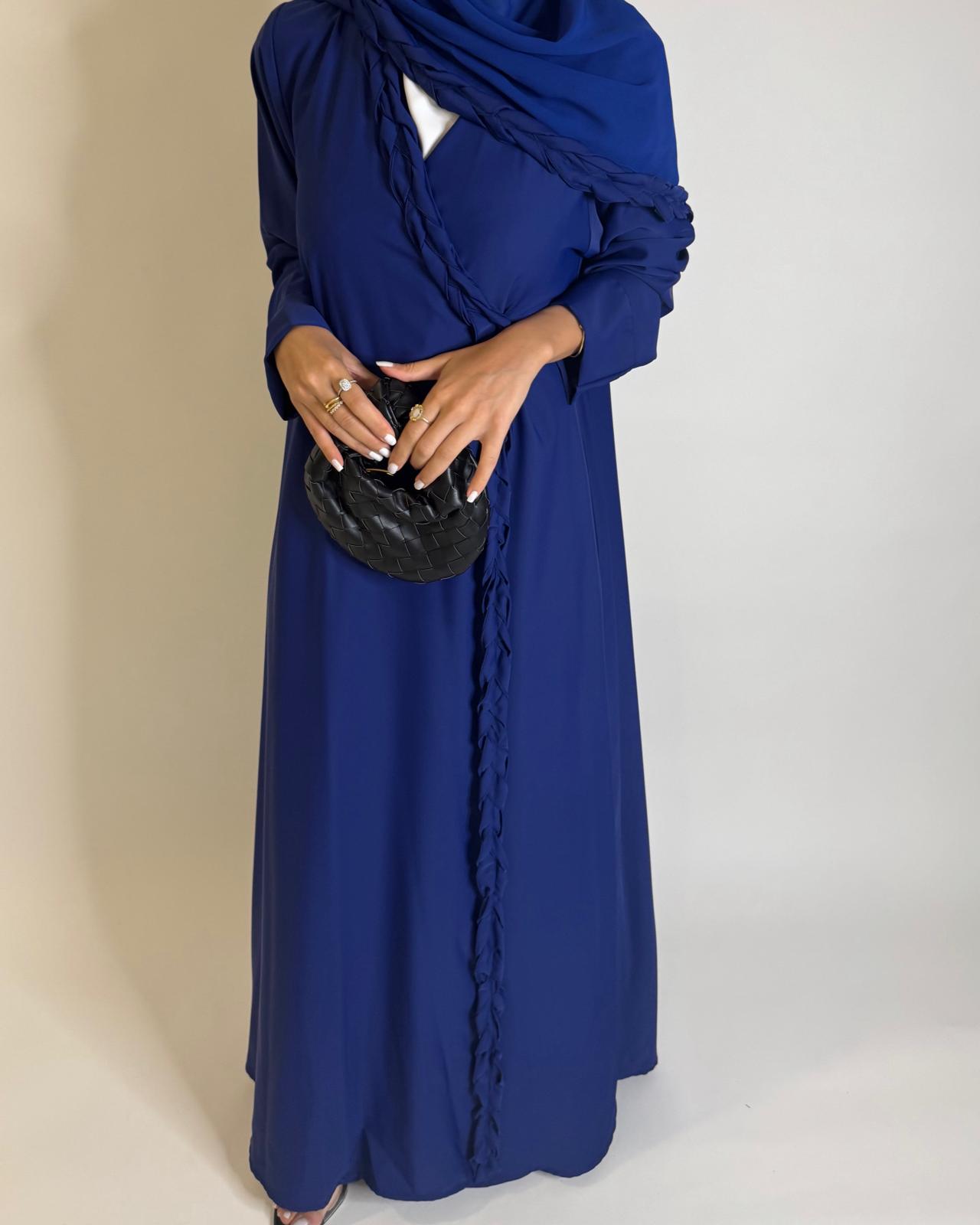 A567 - Royal Blue Braided A-Cut Crepe Abaya with Matching Head Scarf