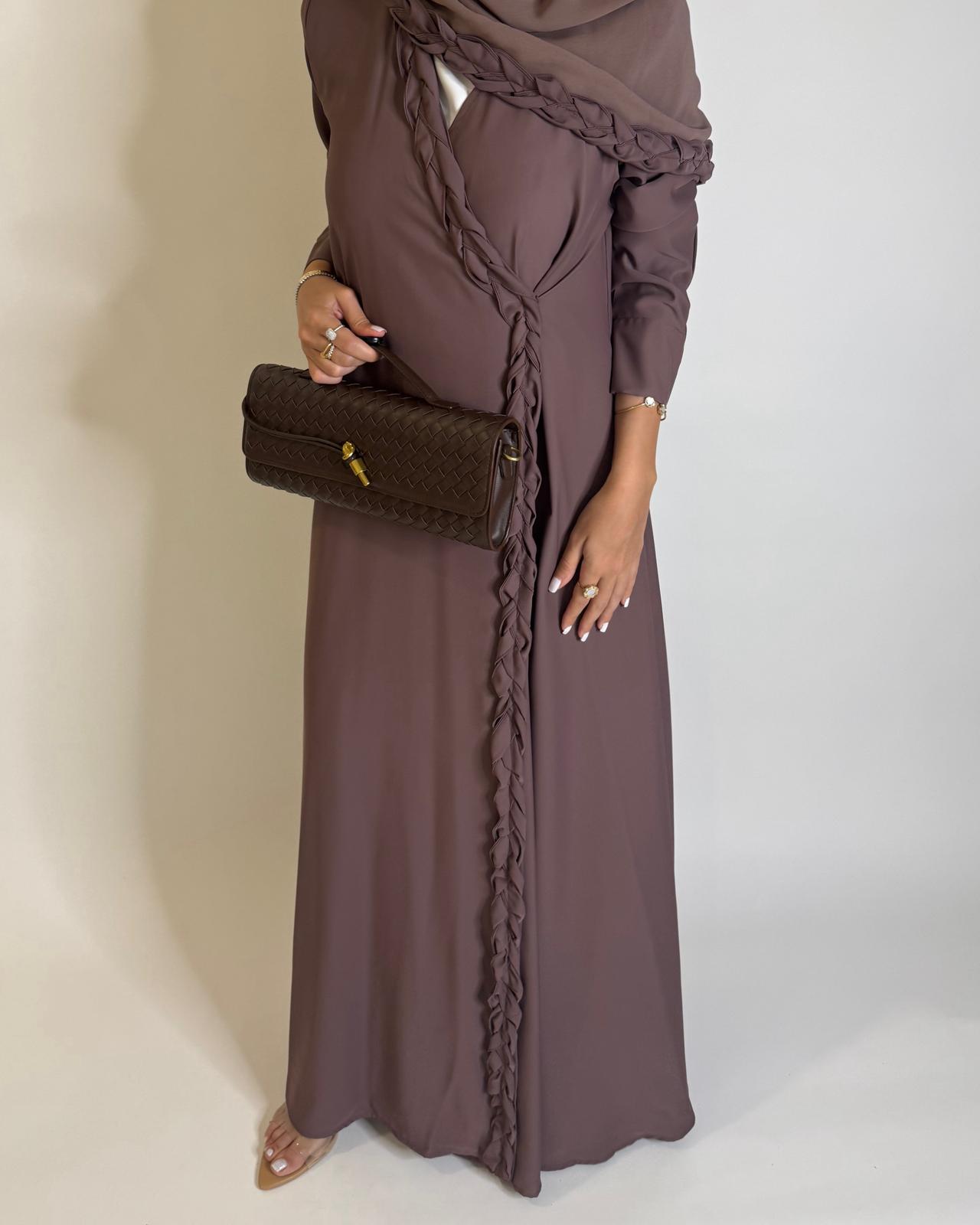 A569 - Brown Braided A-Cut Crepe Abaya with Matching Head Scarf
