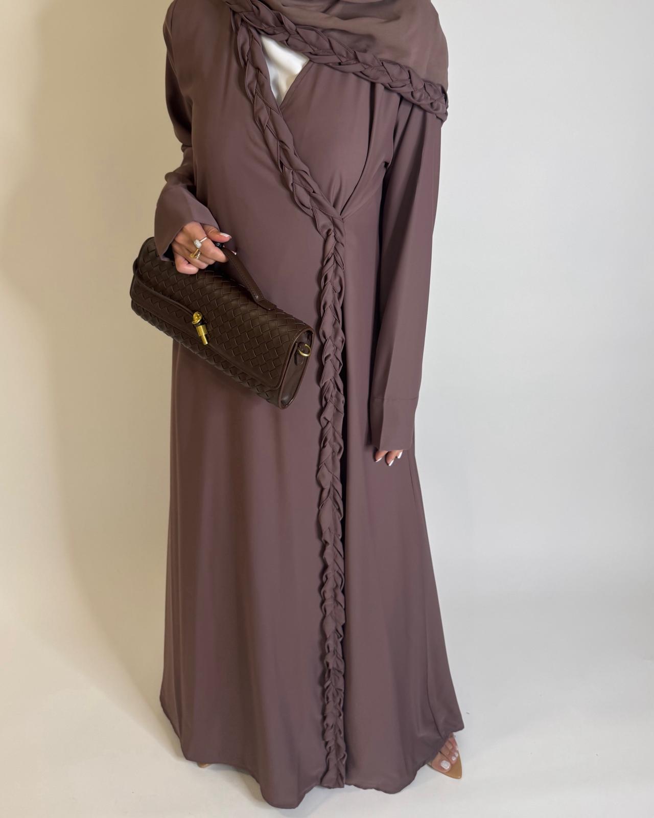 A569 - Brown Braided A-Cut Crepe Abaya with Matching Head Scarf