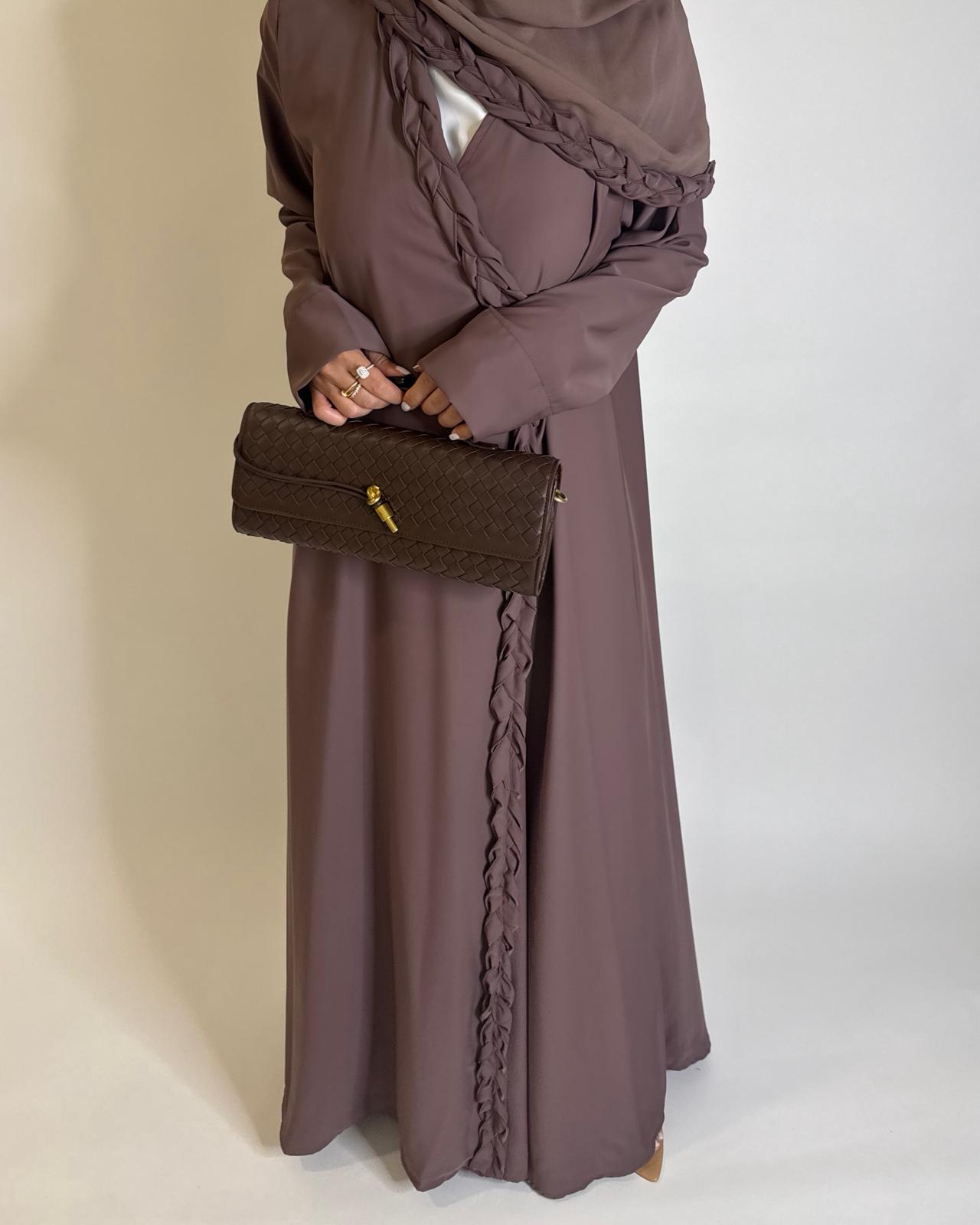 A569 - Brown Braided A-Cut Crepe Abaya with Matching Head Scarf