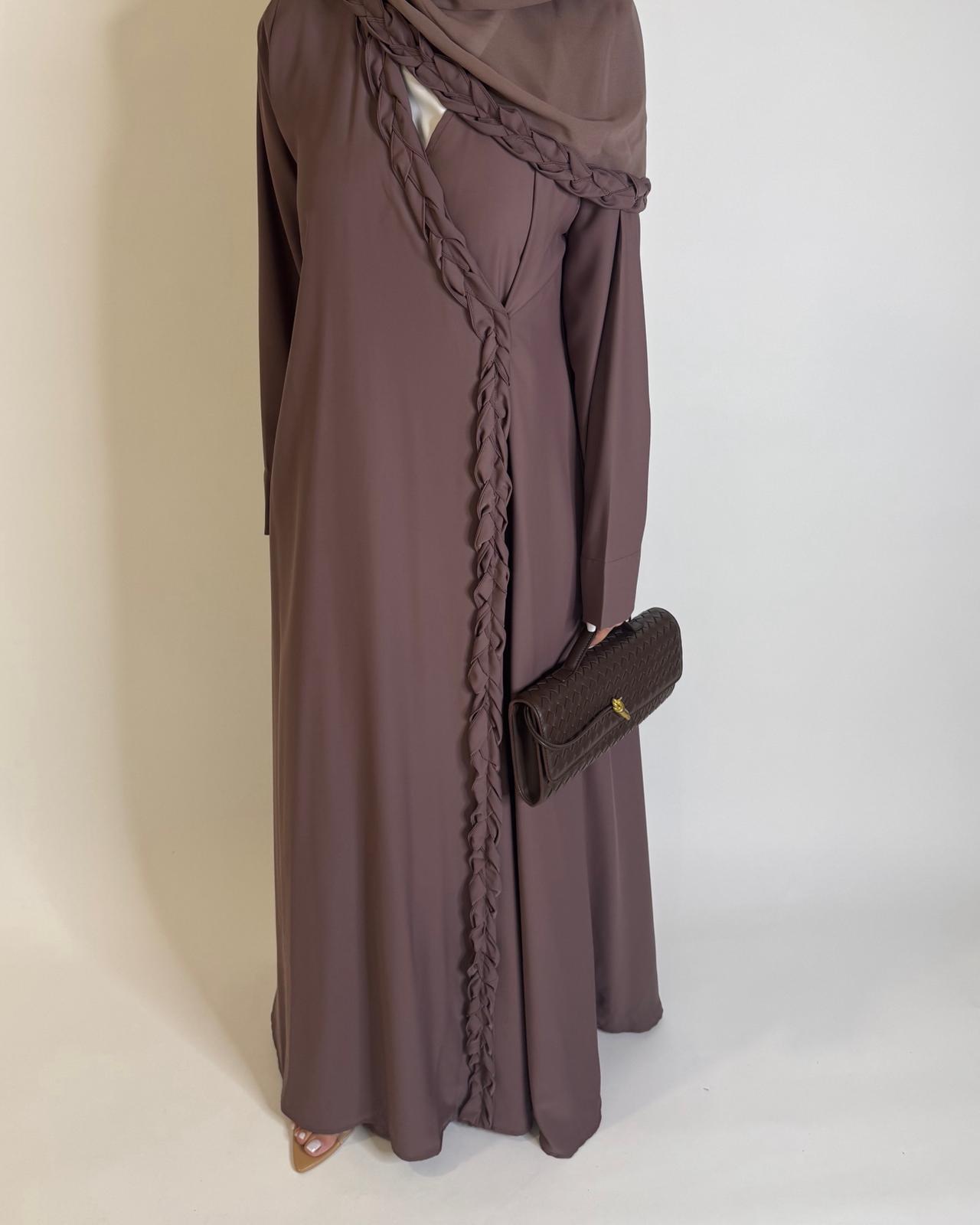 A569 - Brown Braided A-Cut Crepe Abaya with Matching Head Scarf