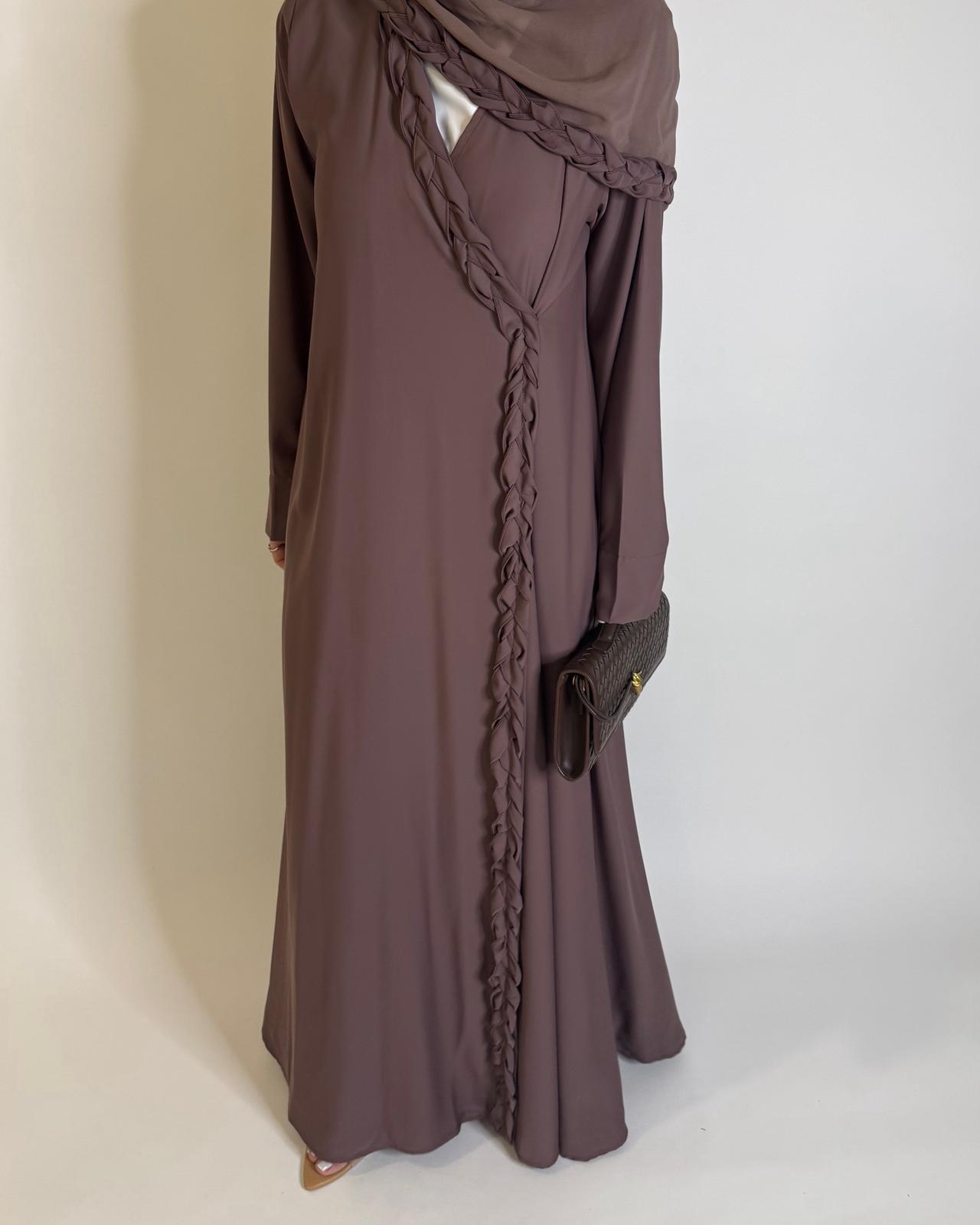 A569 - Brown Braided A-Cut Crepe Abaya with Matching Head Scarf