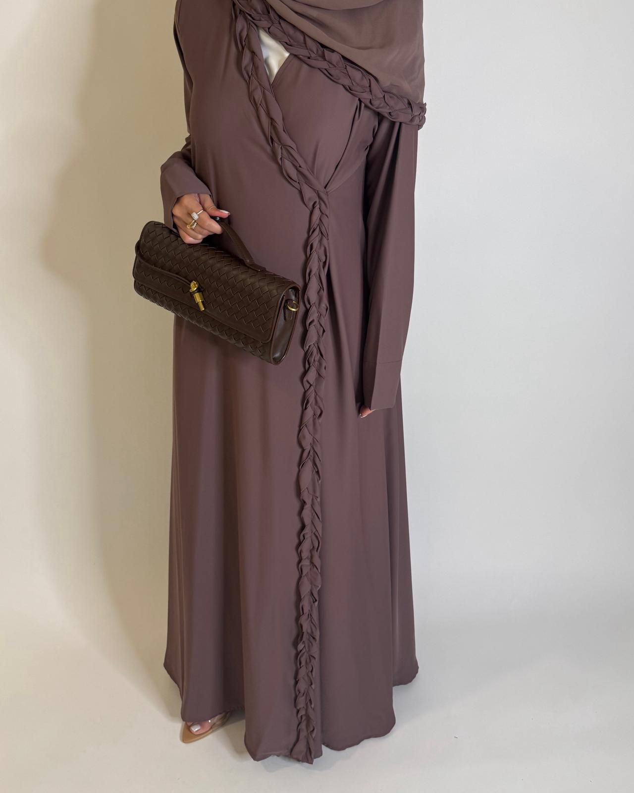 A569 - Brown Braided A-Cut Crepe Abaya with Matching Head Scarf