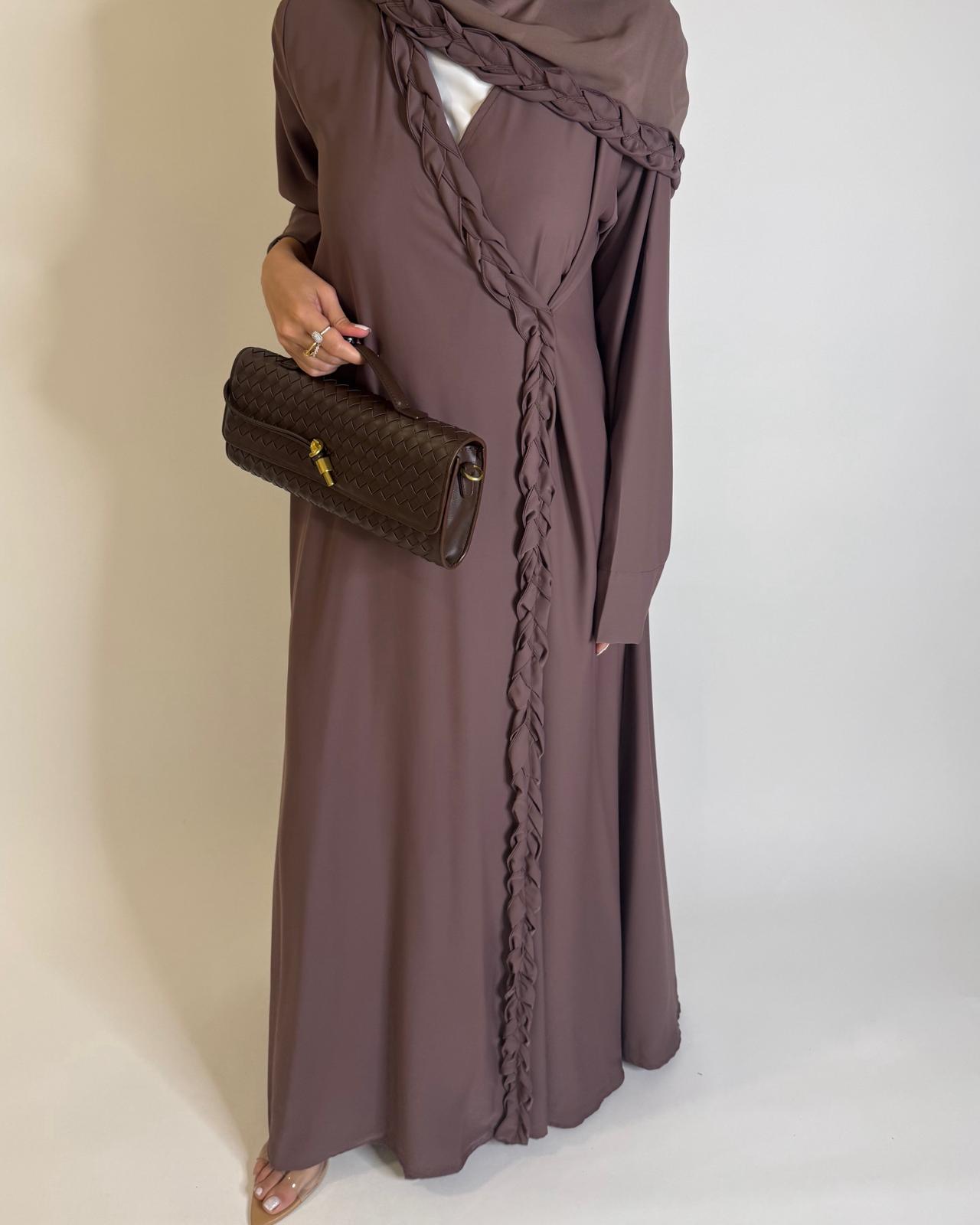 A569 - Brown Braided A-Cut Crepe Abaya with Matching Head Scarf