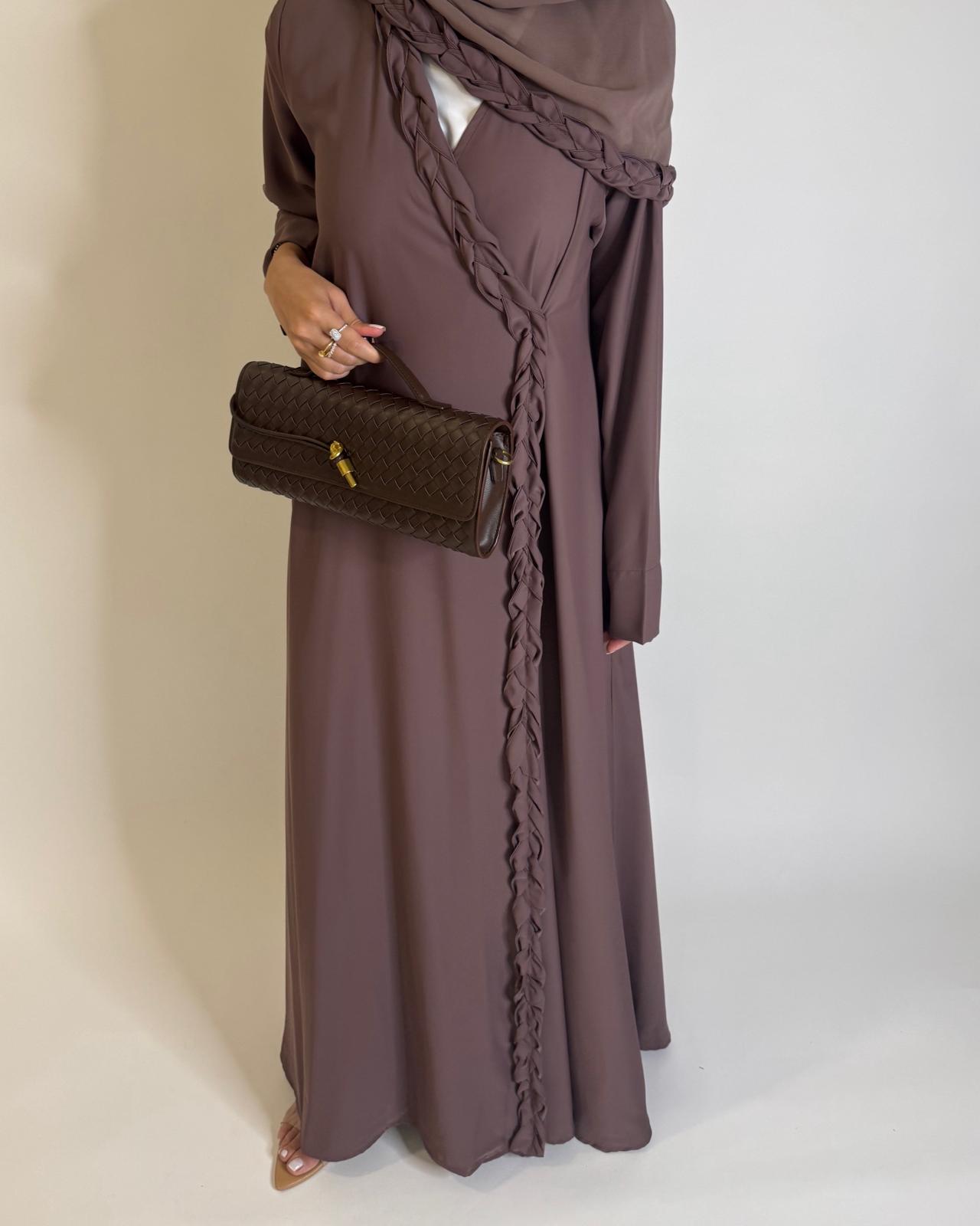 A569 - Brown Braided A-Cut Crepe Abaya with Matching Head Scarf